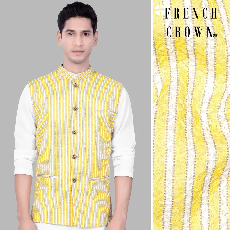 Drover Yellow And Bright White Striped Designer Thread Embroidered Nehru Jacket sold by French Crown