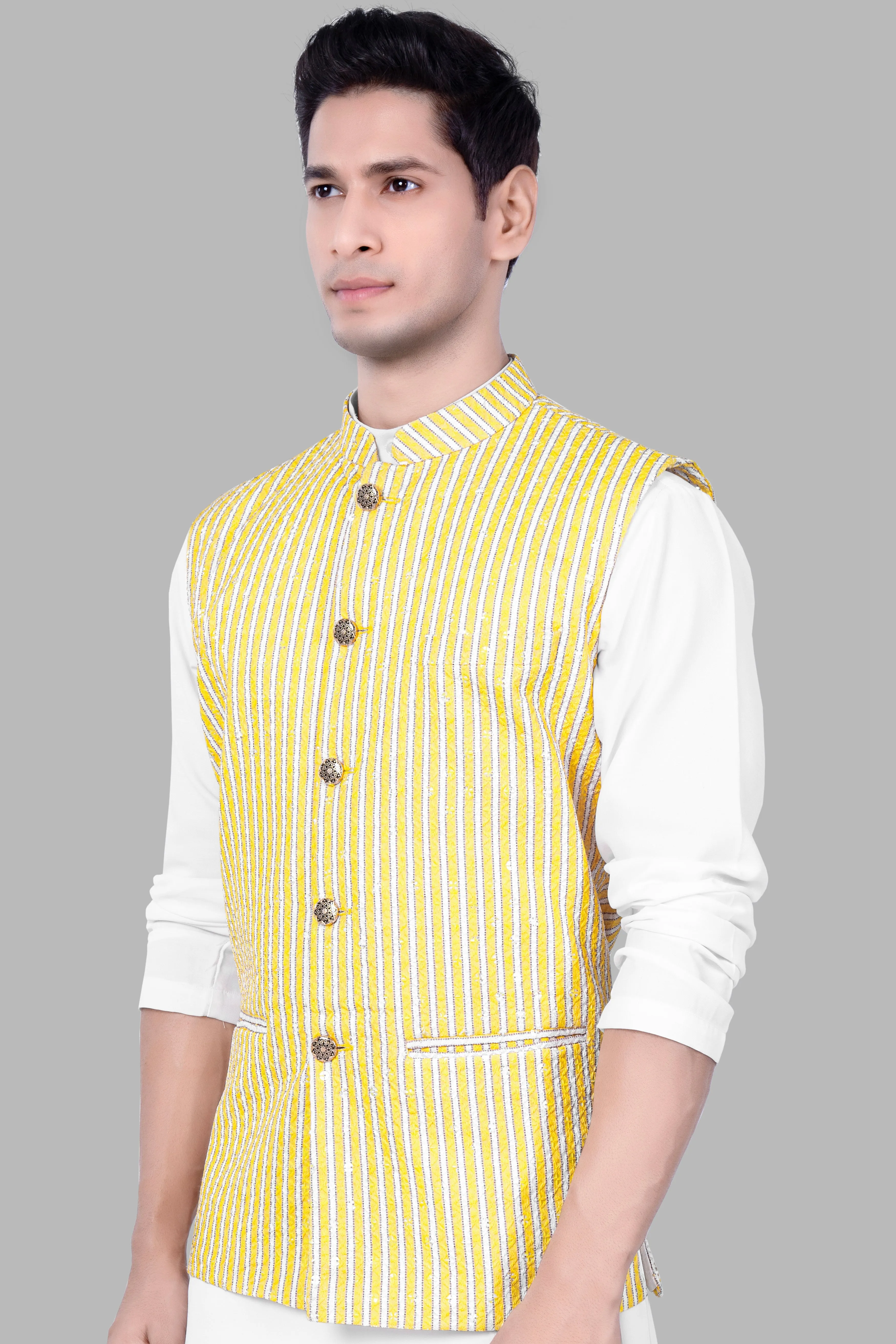 Drover Yellow And Bright White Striped Designer Thread Embroidered Nehru Jacket sold by French Crown product image thumbnail 5