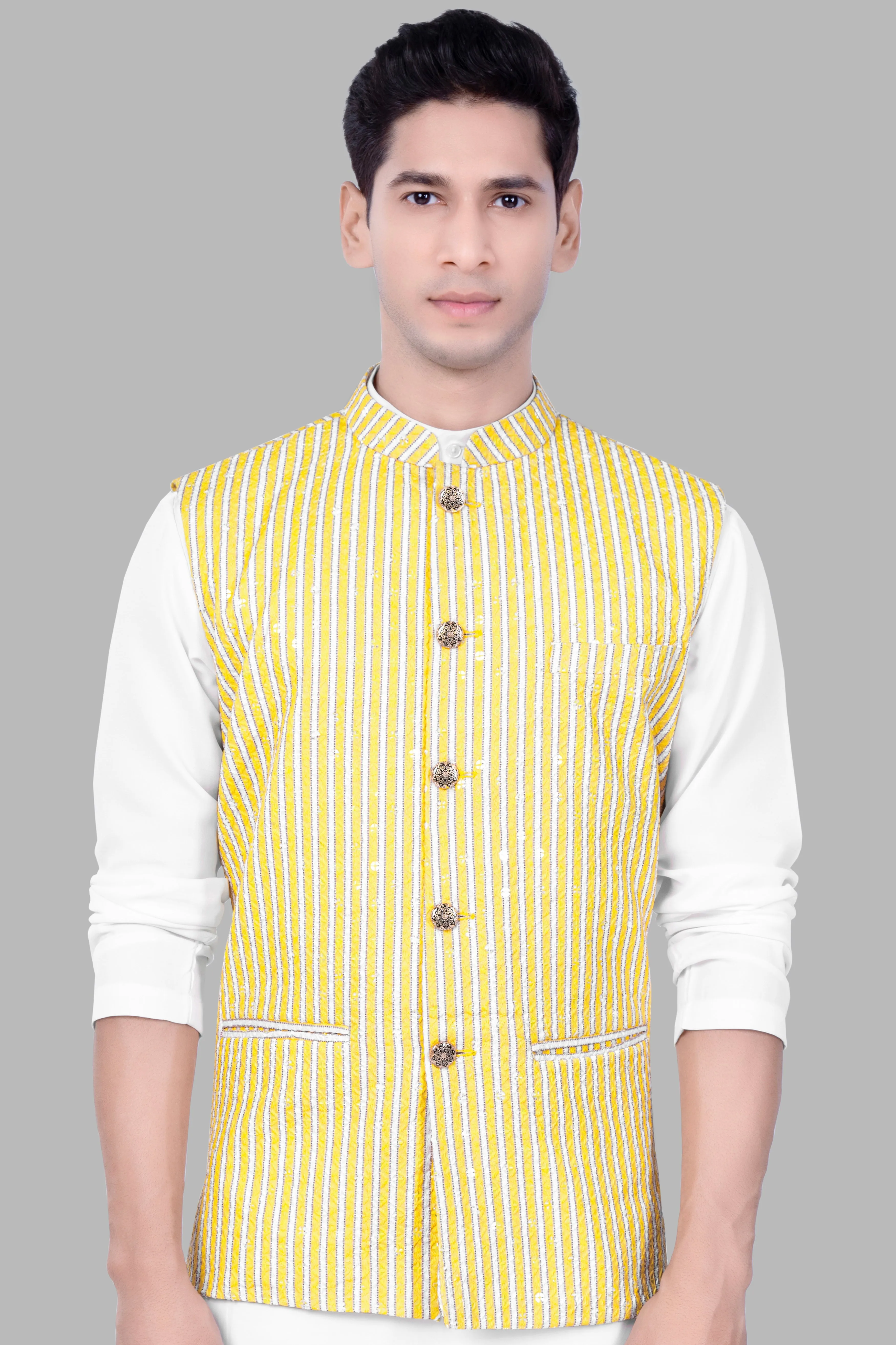 Drover Yellow And Bright White Striped Designer Thread Embroidered Nehru Jacket sold by French Crown product image thumbnail 2