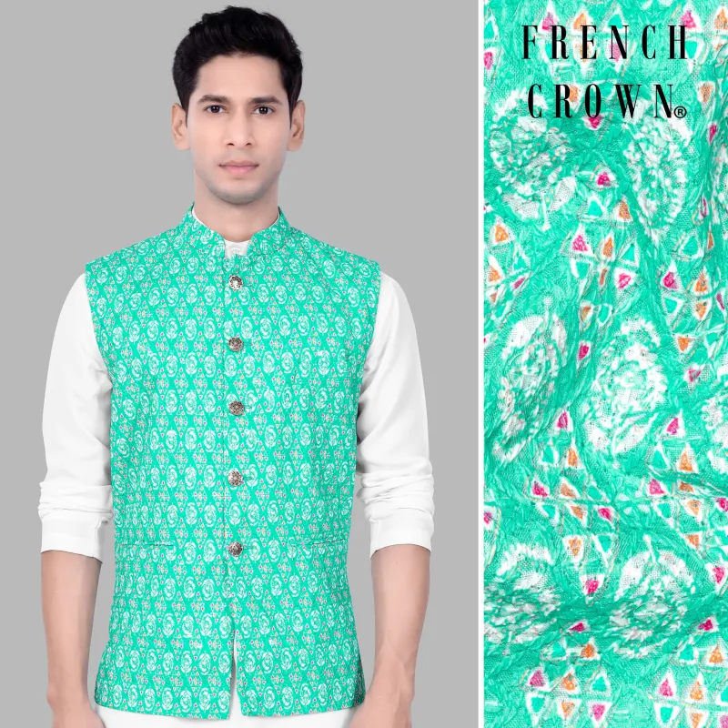 Caribbean Blue And Brilliant Rose Pink Designer Thread Embroidered Nehru Jacket sold by French Crown