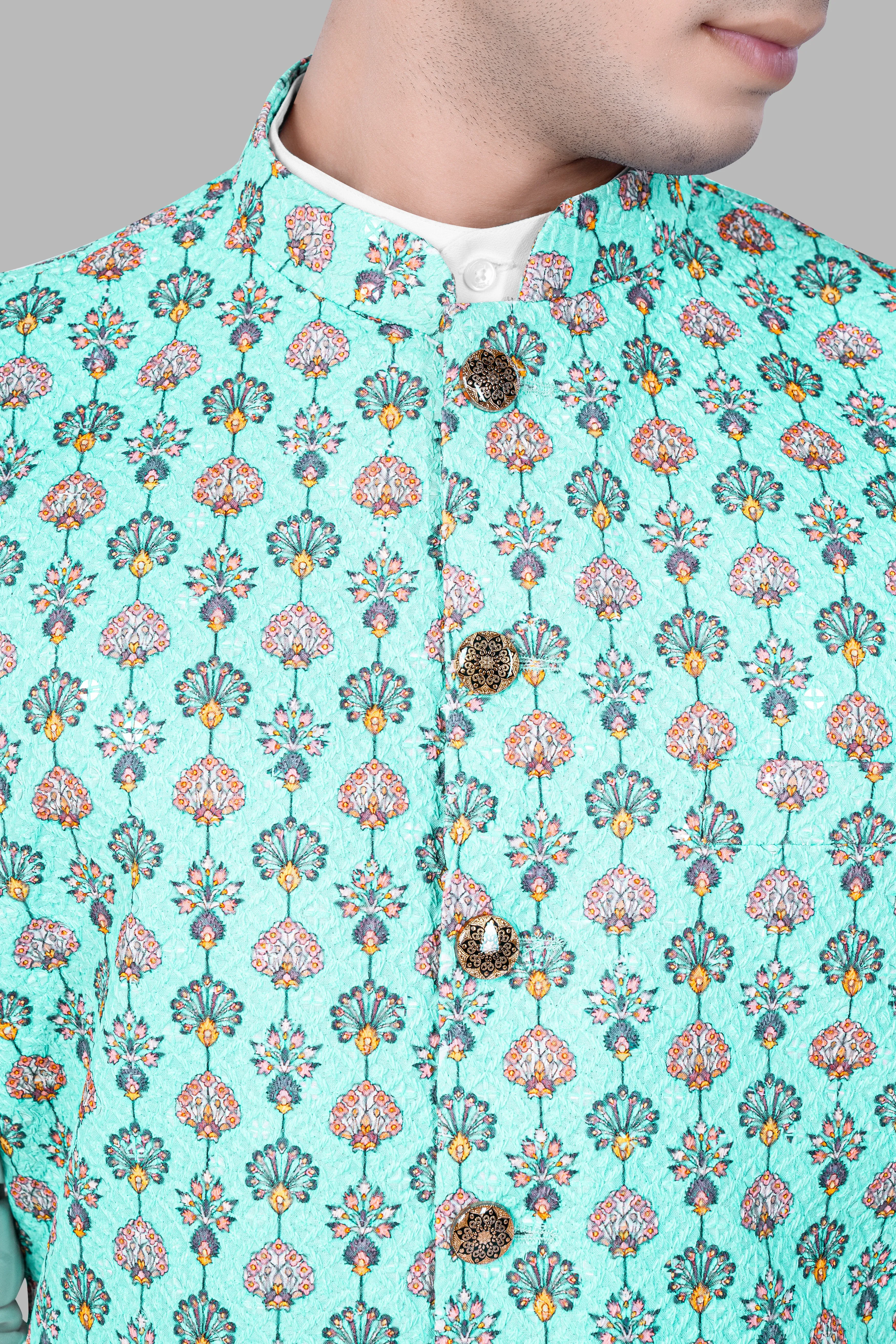 Aquamarine Blue And Tangerine Peach Designer Thread Embroidered Nehru Jacket sold by French Crown product image thumbnail 4