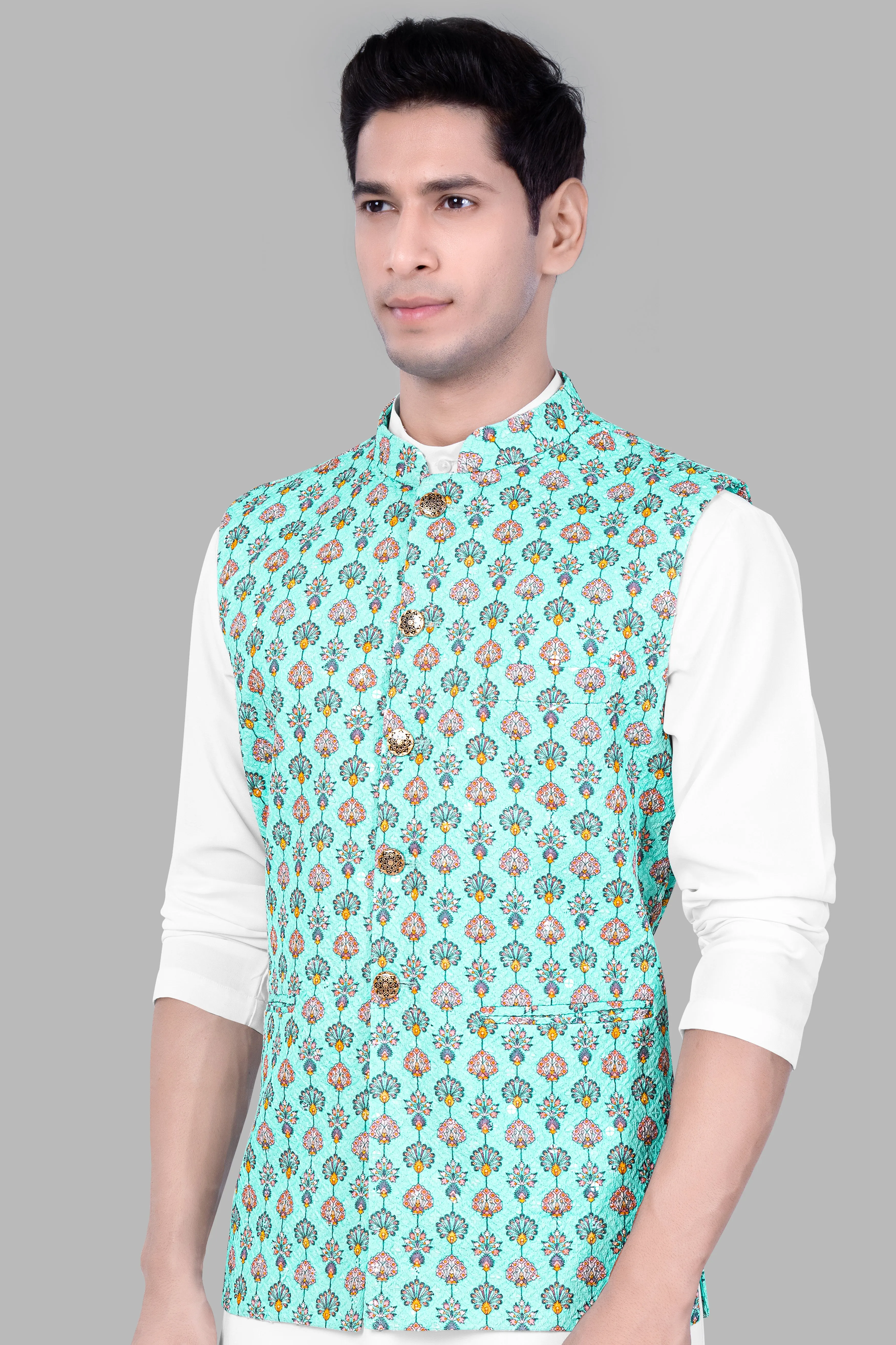 Aquamarine Blue And Tangerine Peach Designer Thread Embroidered Nehru Jacket sold by French Crown product image thumbnail 5