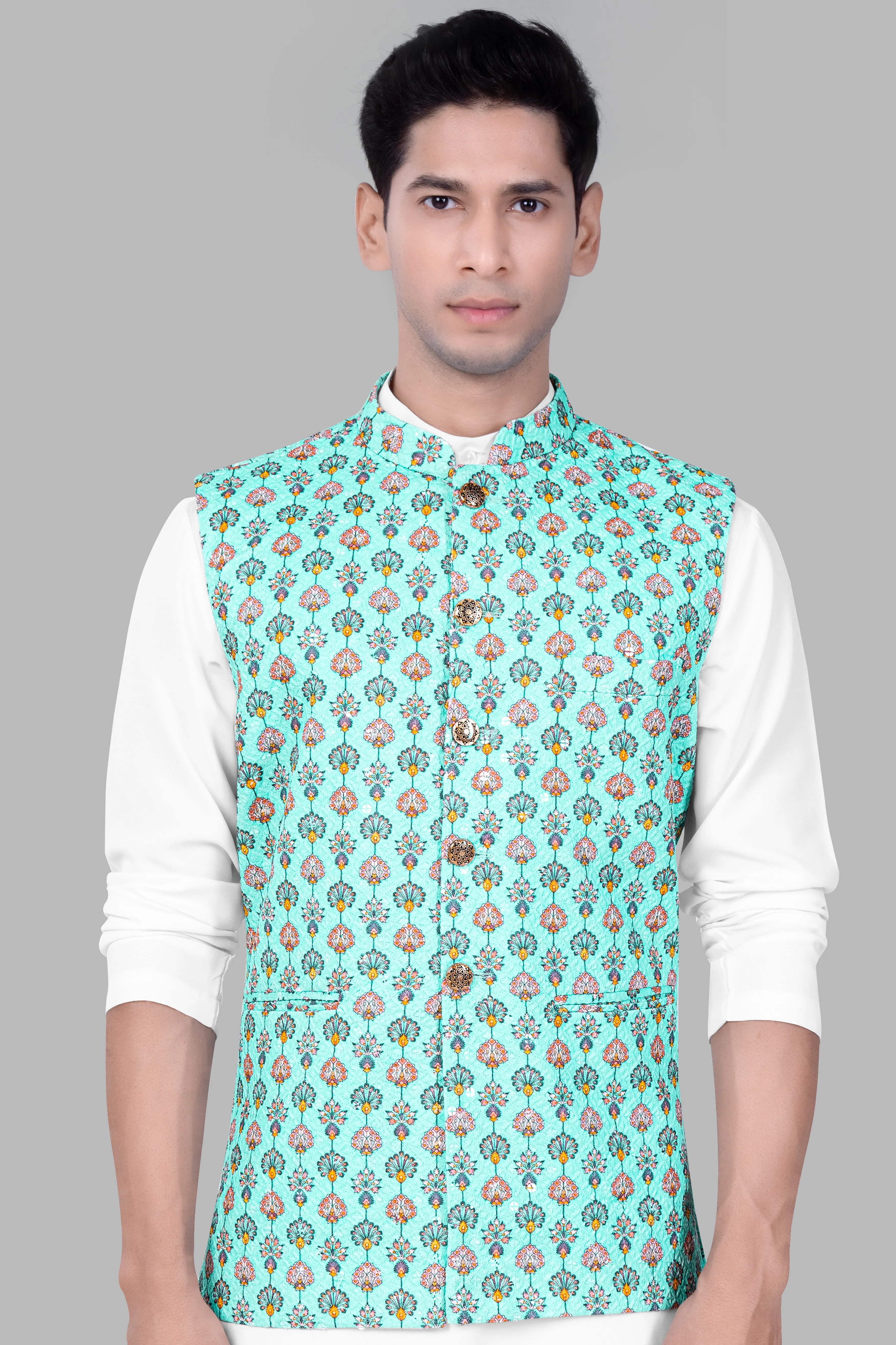 Aquamarine Blue And Tangerine Peach Designer Thread Embroidered Nehru Jacket sold by French Crown product image thumbnail 2
