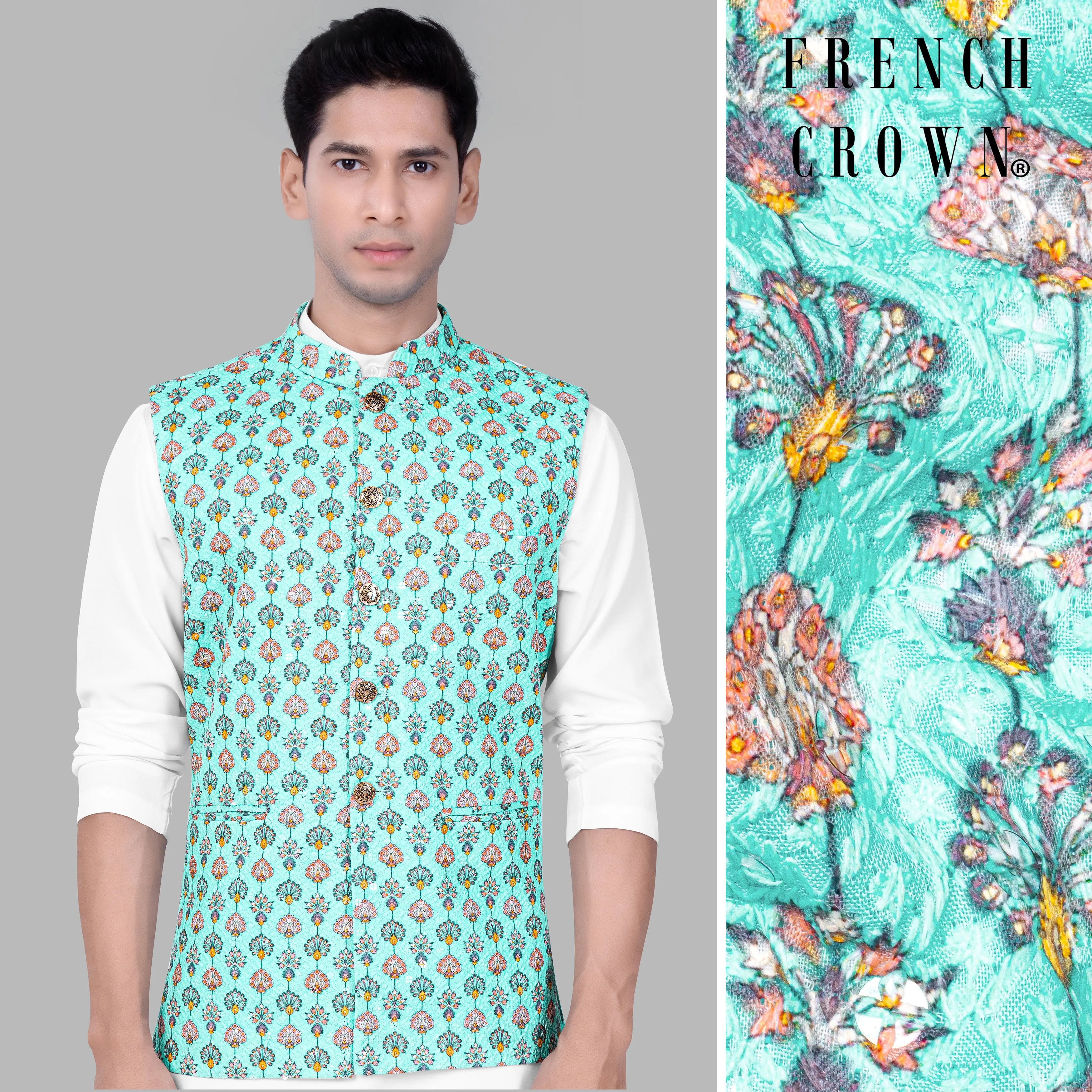 Aquamarine Blue And Tangerine Peach Designer Thread Embroidered Nehru Jacket sold by French Crown