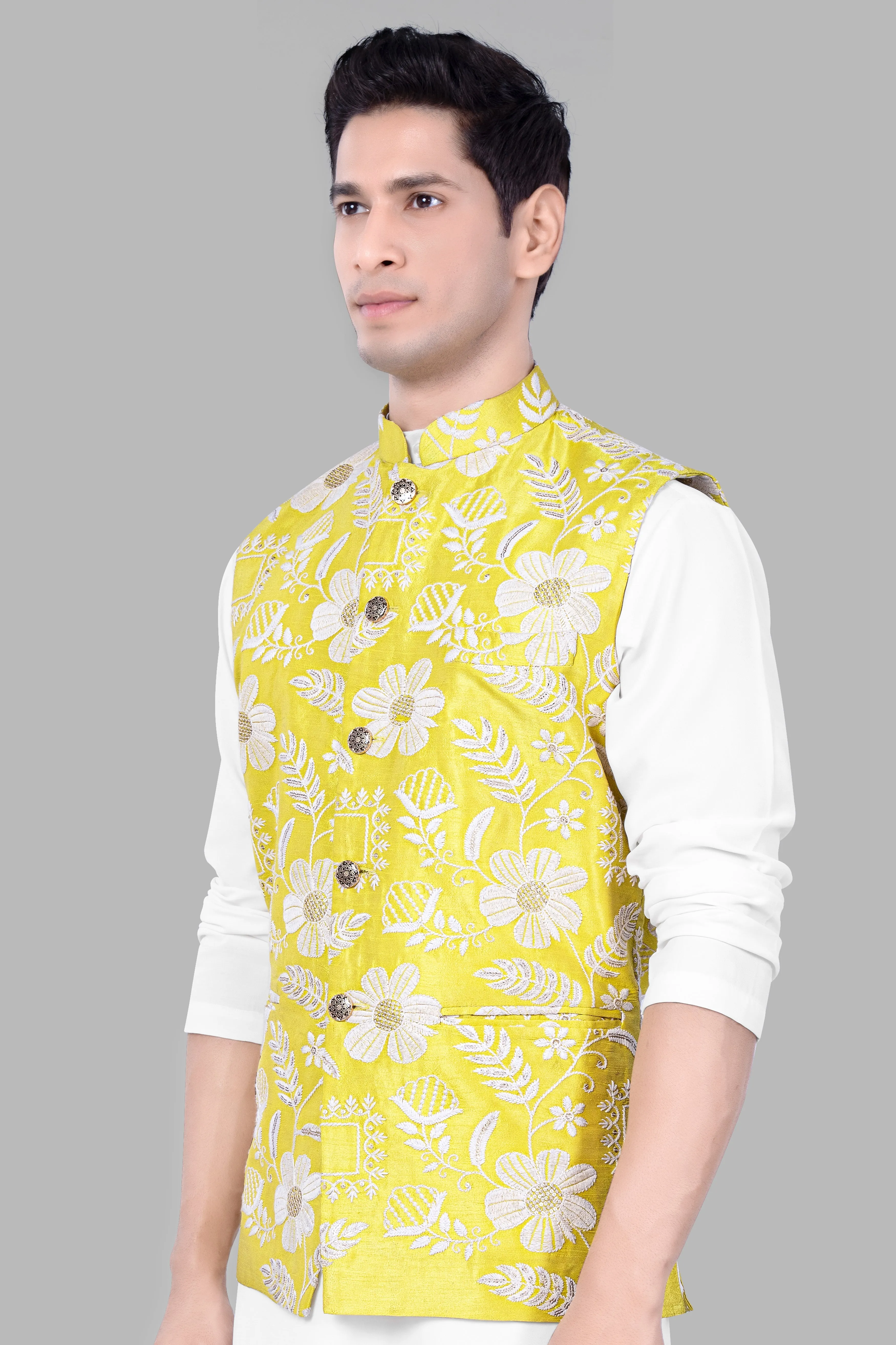 Dandelion Yellow And Bright White Floral Sequin And Thread Embroidered Nehru Jacket sold by French Crown product image thumbnail 5
