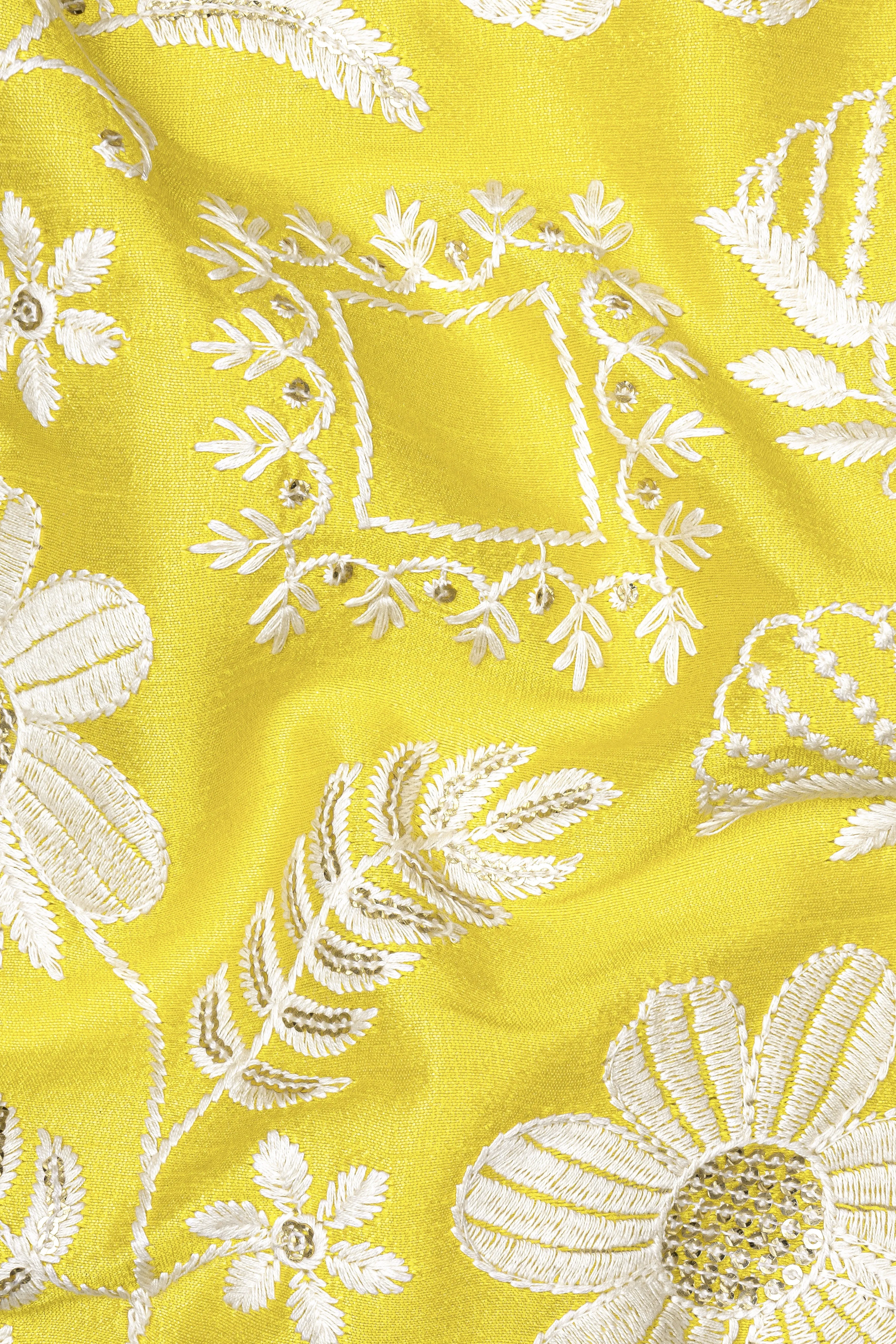 Dandelion Yellow And Bright White Floral Sequin And Thread Embroidered Nehru Jacket sold by French Crown product image thumbnail 3