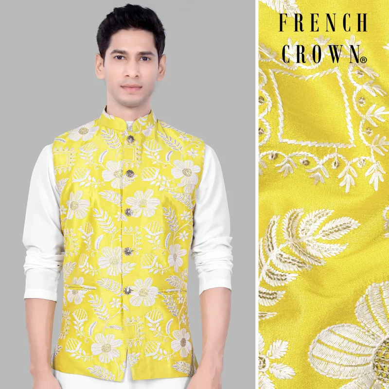 Dandelion Yellow And Bright White Floral Sequin And Thread Embroidered Nehru Jacket sold by French Crown