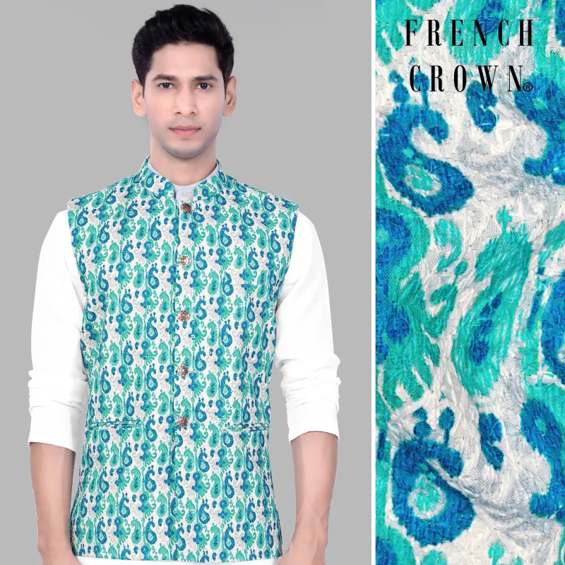 Bright White And Curious Blue Designer Thread Embroidered Nehru Jacket sold by French Crown
