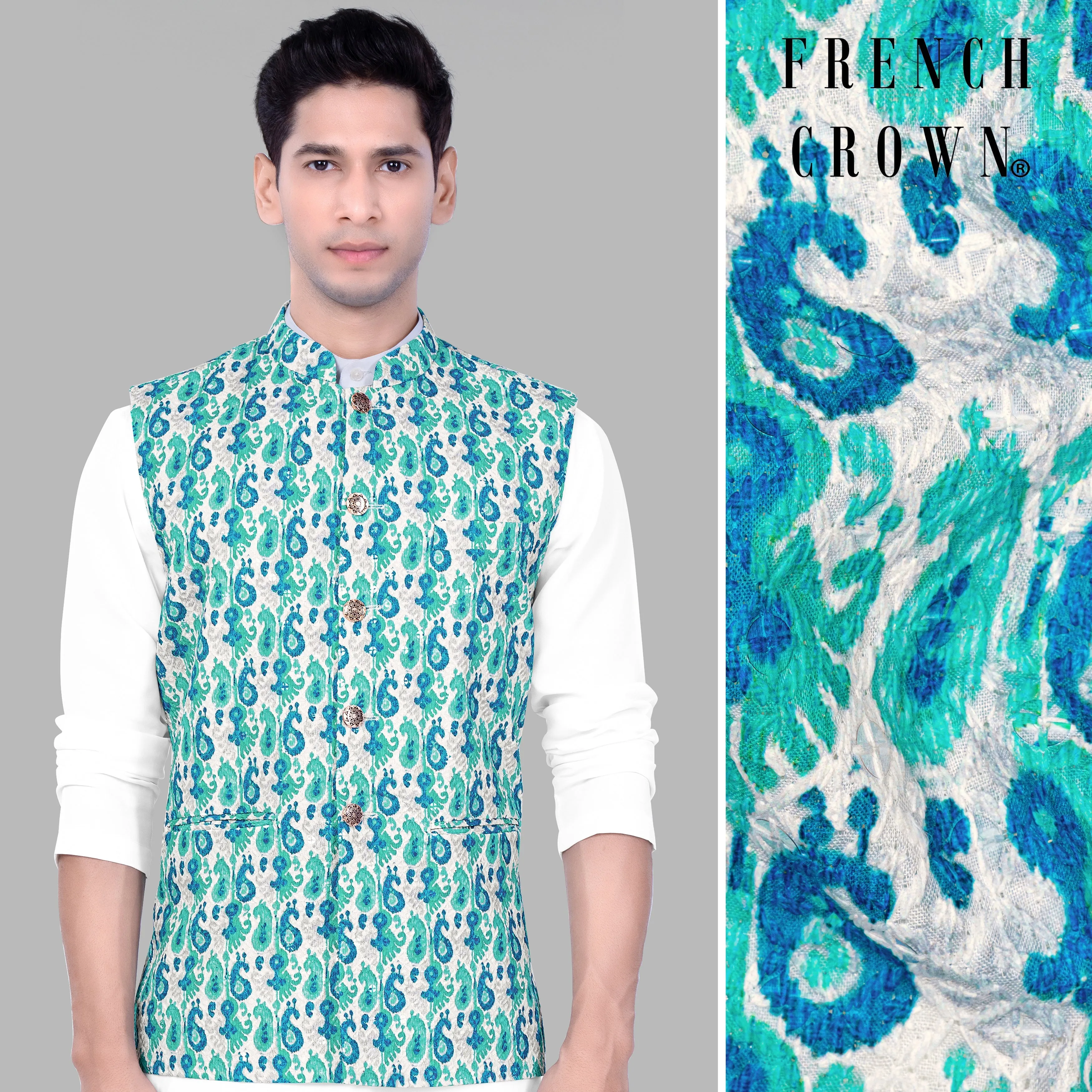 Bright White And Curious Blue Designer Thread Embroidered Nehru Jacket sold by French Crown