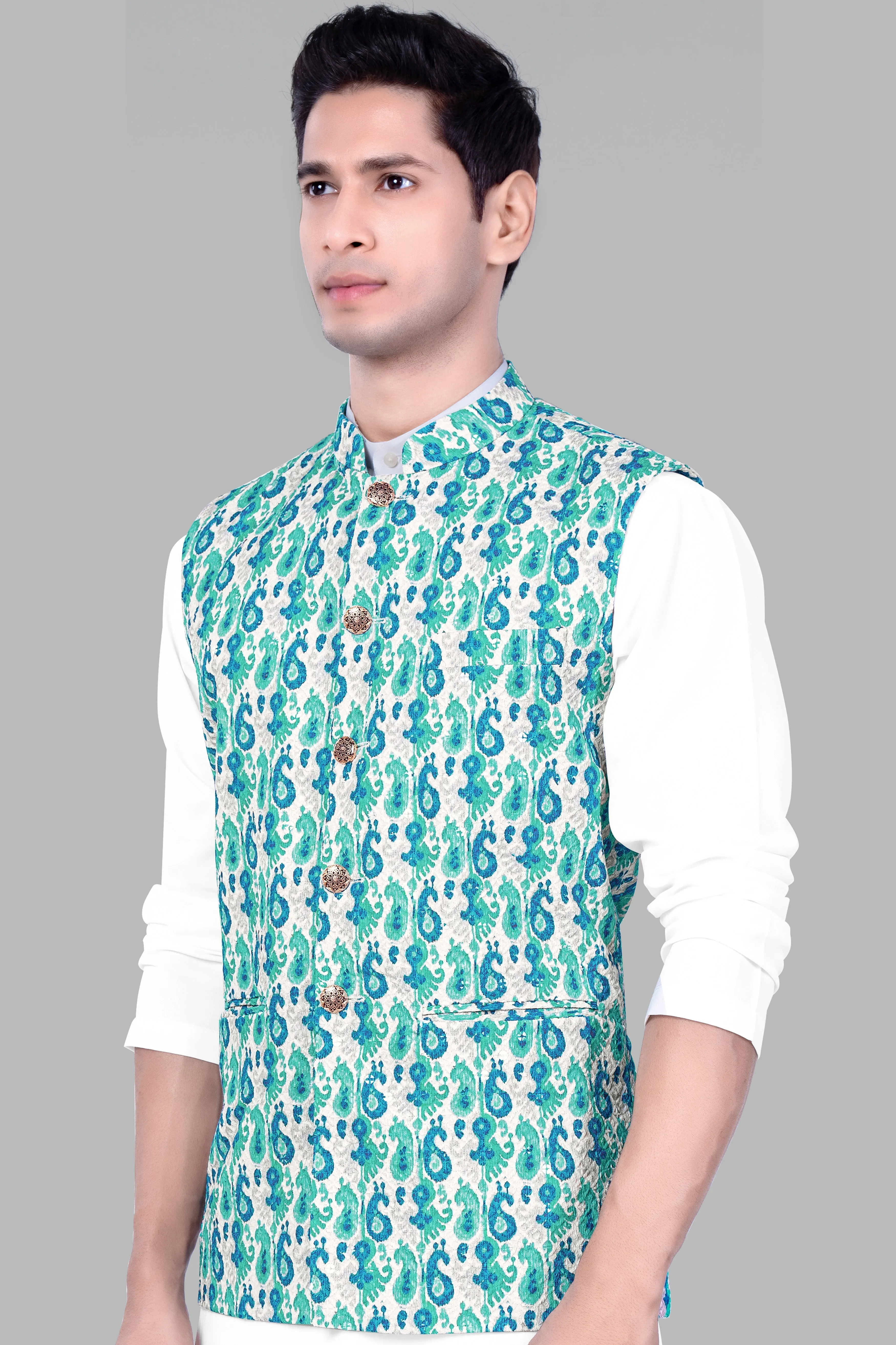 Bright White And Curious Blue Designer Thread Embroidered Nehru Jacket sold by French Crown product image thumbnail 5
