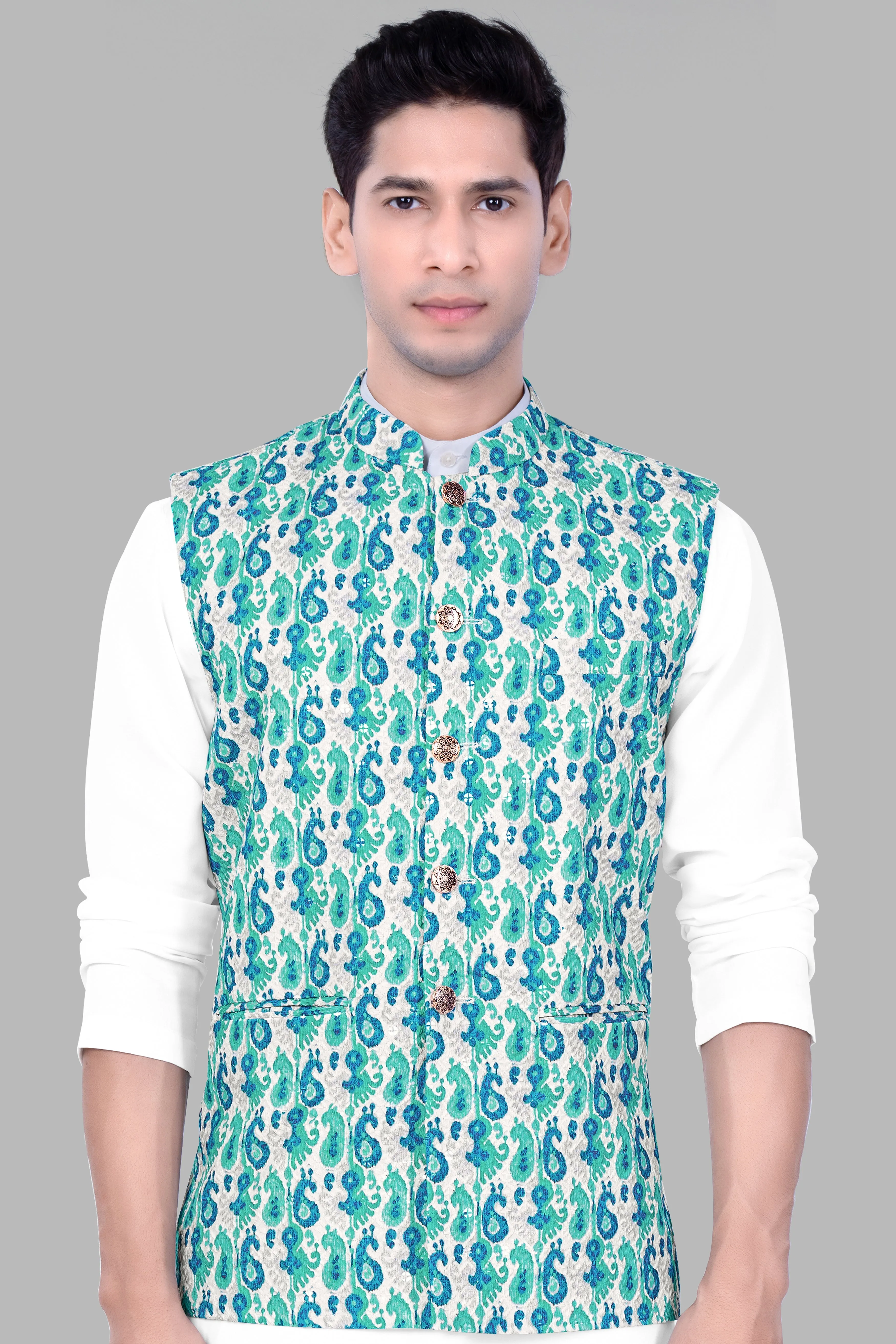 Bright White And Curious Blue Designer Thread Embroidered Nehru Jacket sold by French Crown product image thumbnail 2