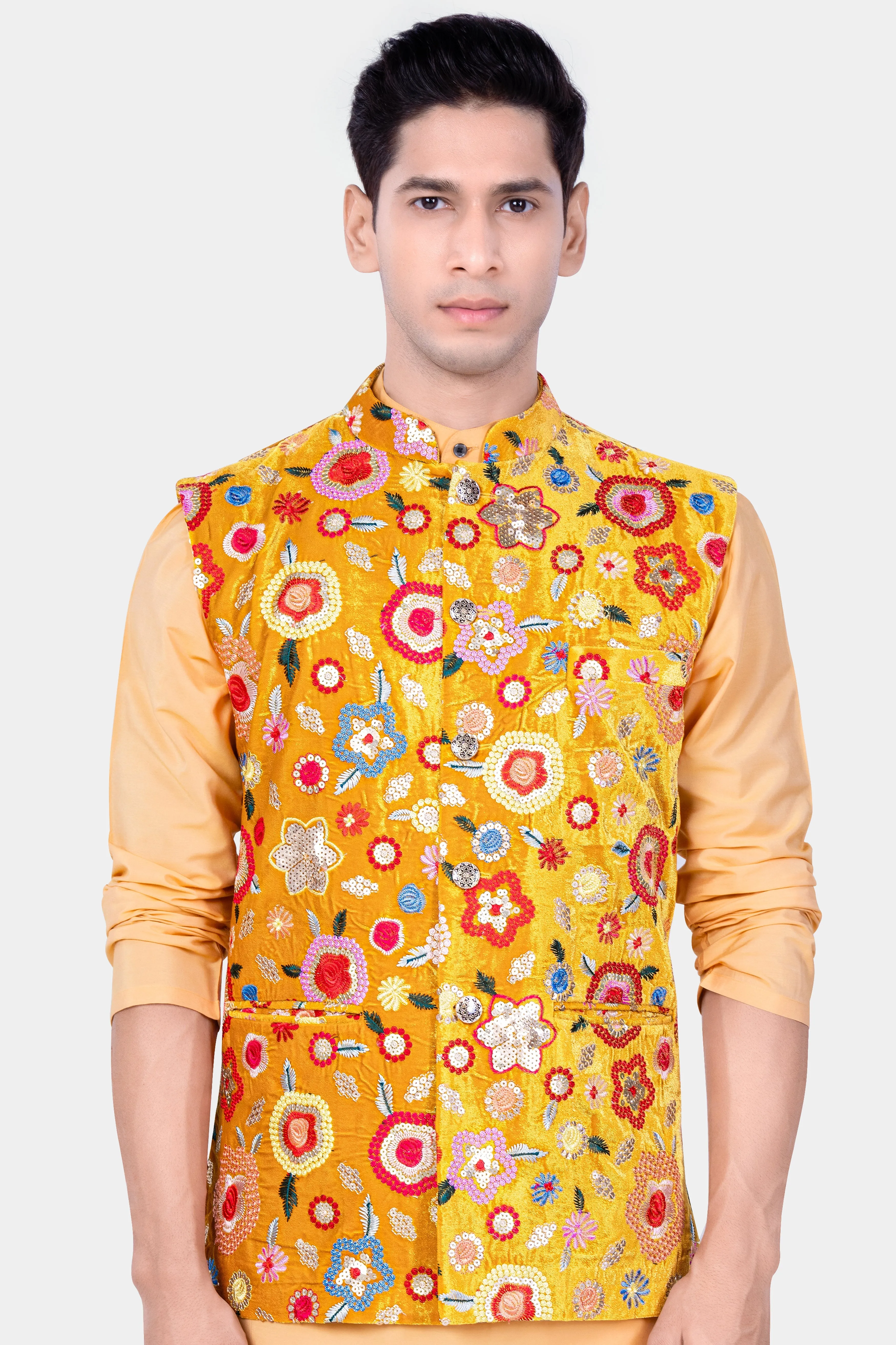 Tangerine Yellow And Alizarin Red Velvet Floral Thread Embroidered Nehru Jacket sold by French Crown product image thumbnail 2