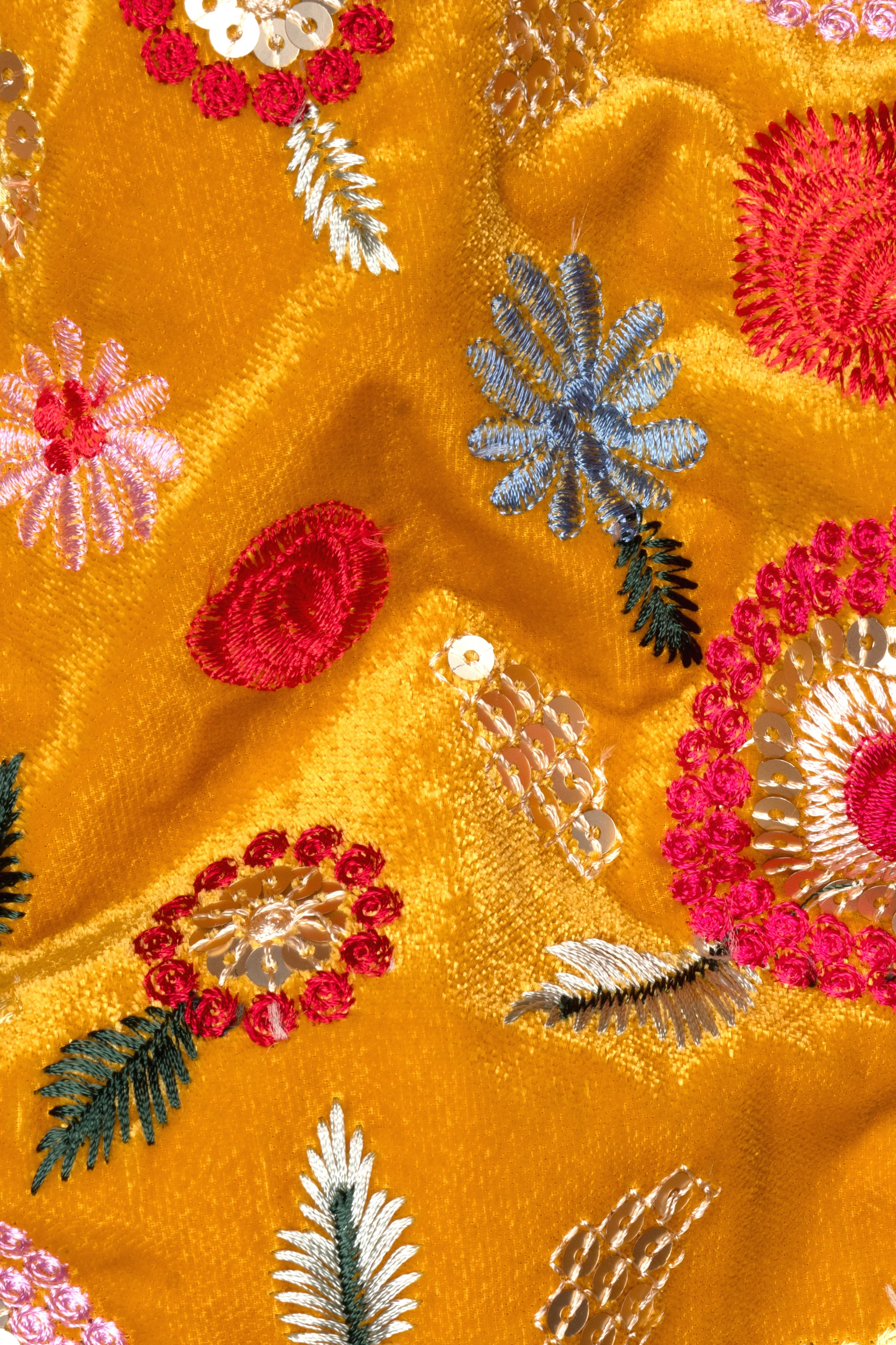Tangerine Yellow And Alizarin Red Velvet Floral Thread Embroidered Nehru Jacket sold by French Crown product image thumbnail 3