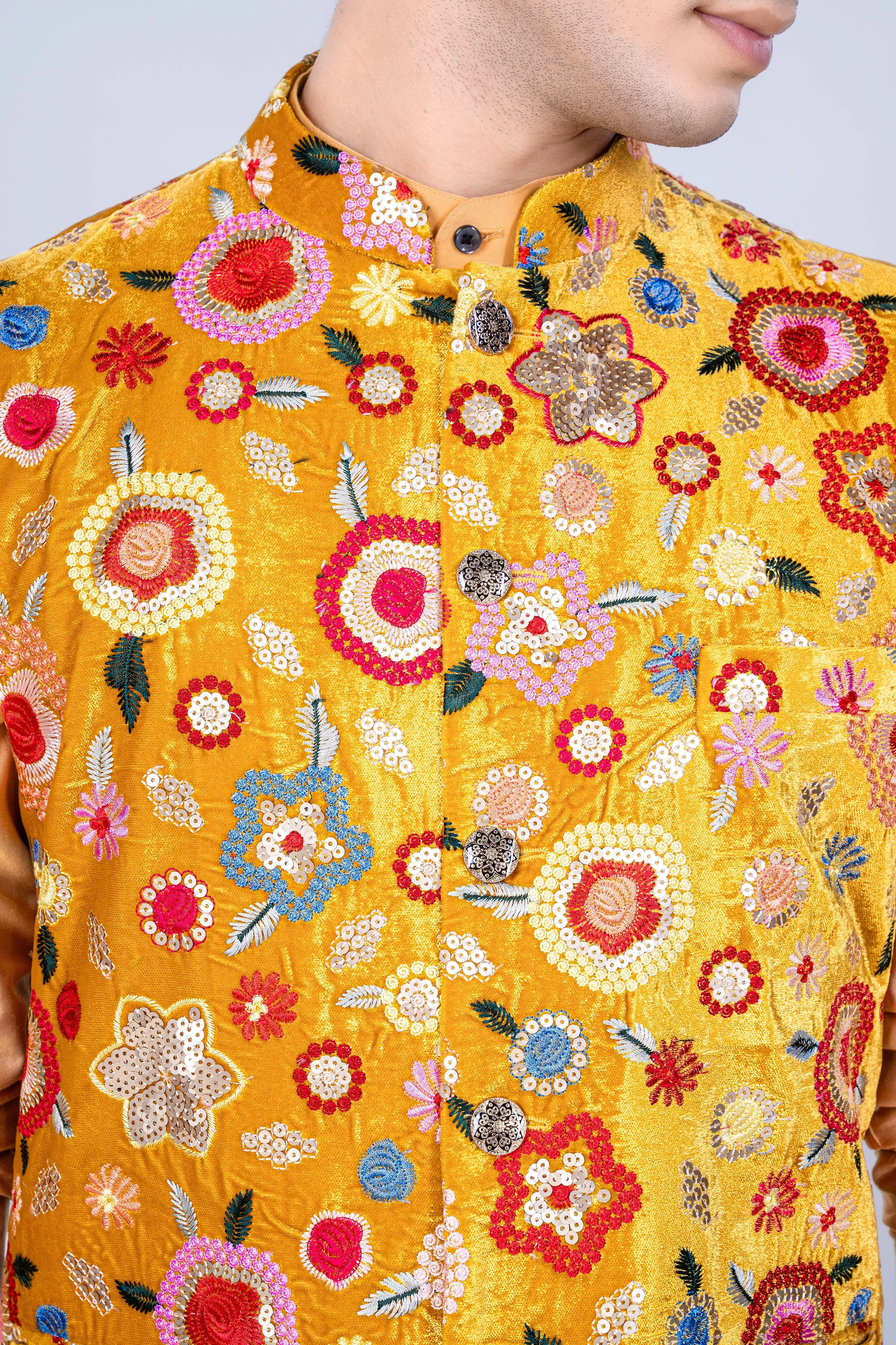 Tangerine Yellow And Alizarin Red Velvet Floral Thread Embroidered Nehru Jacket sold by French Crown product image thumbnail 4