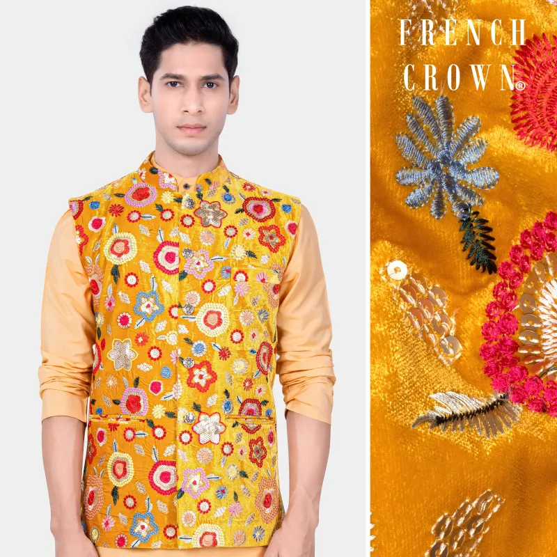 Tangerine Yellow And Alizarin Red Velvet Floral Thread Embroidered Nehru Jacket sold by French Crown