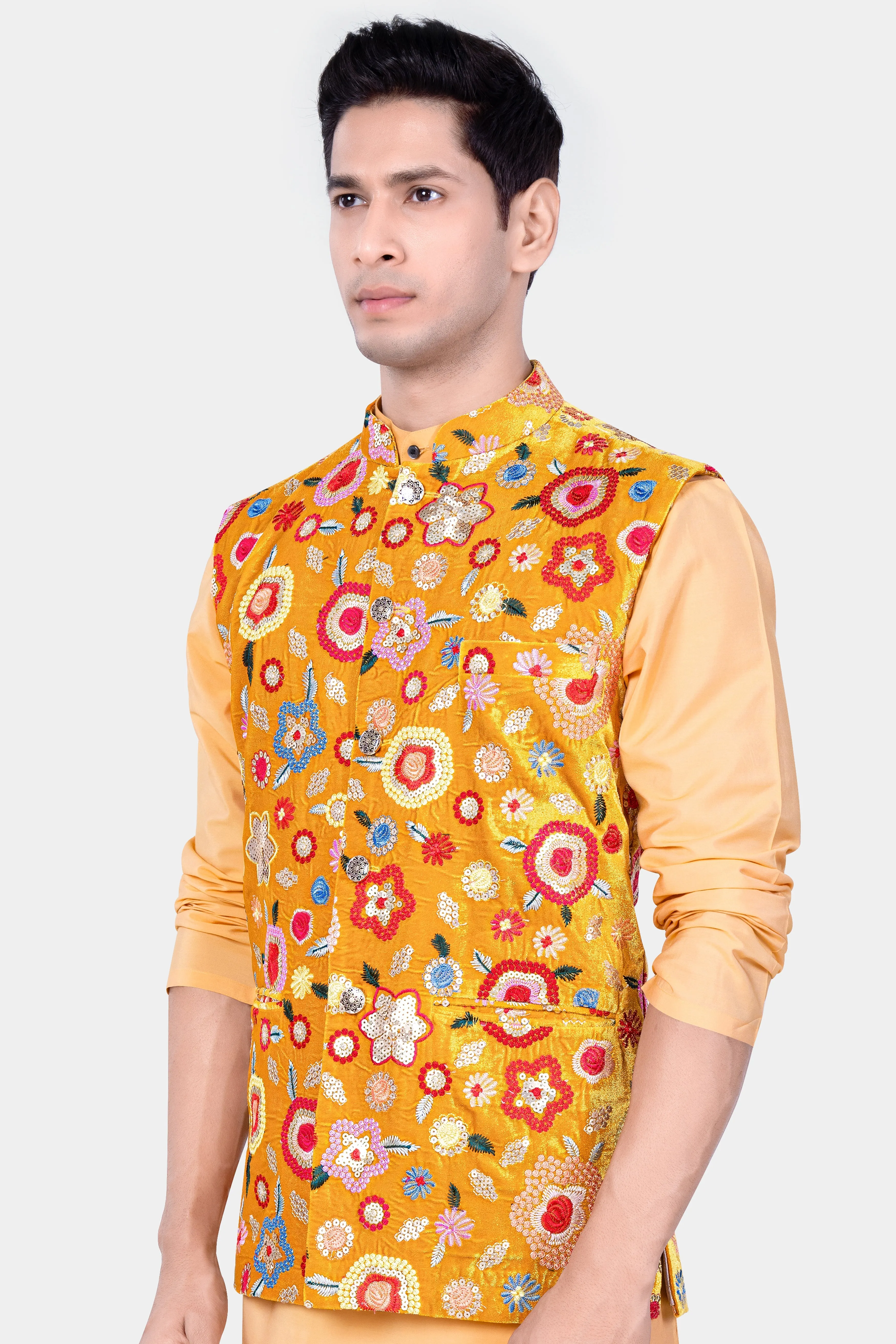Tangerine Yellow And Alizarin Red Velvet Floral Thread Embroidered Nehru Jacket sold by French Crown product image thumbnail 5