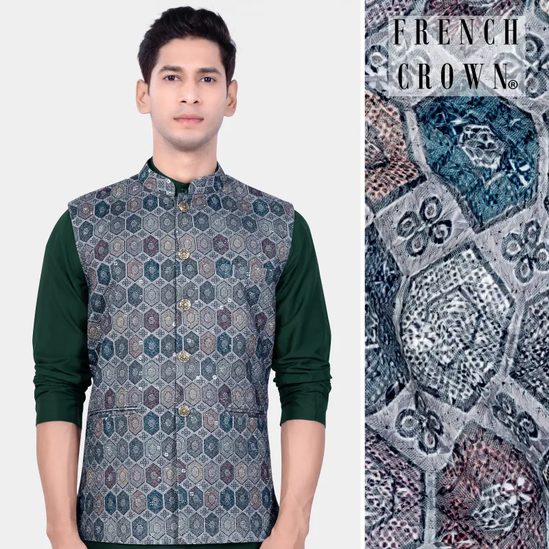 Tuna Blue And Gunsmoke Gray Multicolour Embroidered Nehru Jacket sold by French Crown
