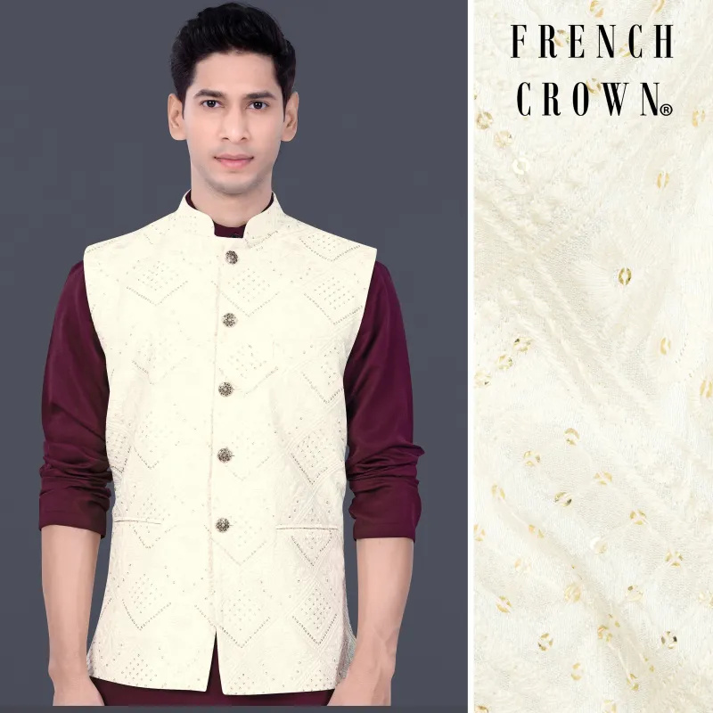 Eggshell Cream Trellis Sequin And Thread Embroidered Nehru Jacket sold by French Crown
