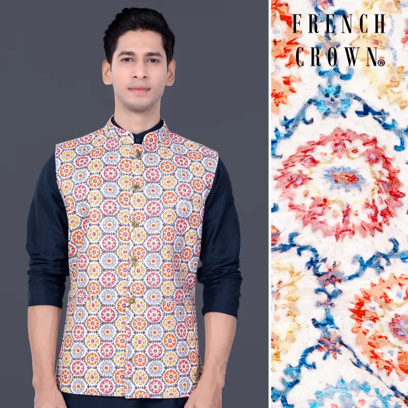 Bright White And Cyan Blue Multicolour Thread Embroidered Nehru Jacket sold by French Crown
