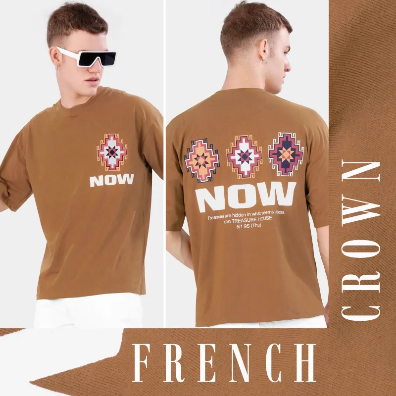 Sepia Brown Printed Premium Cotton Oversized T-shirt made by French Crown