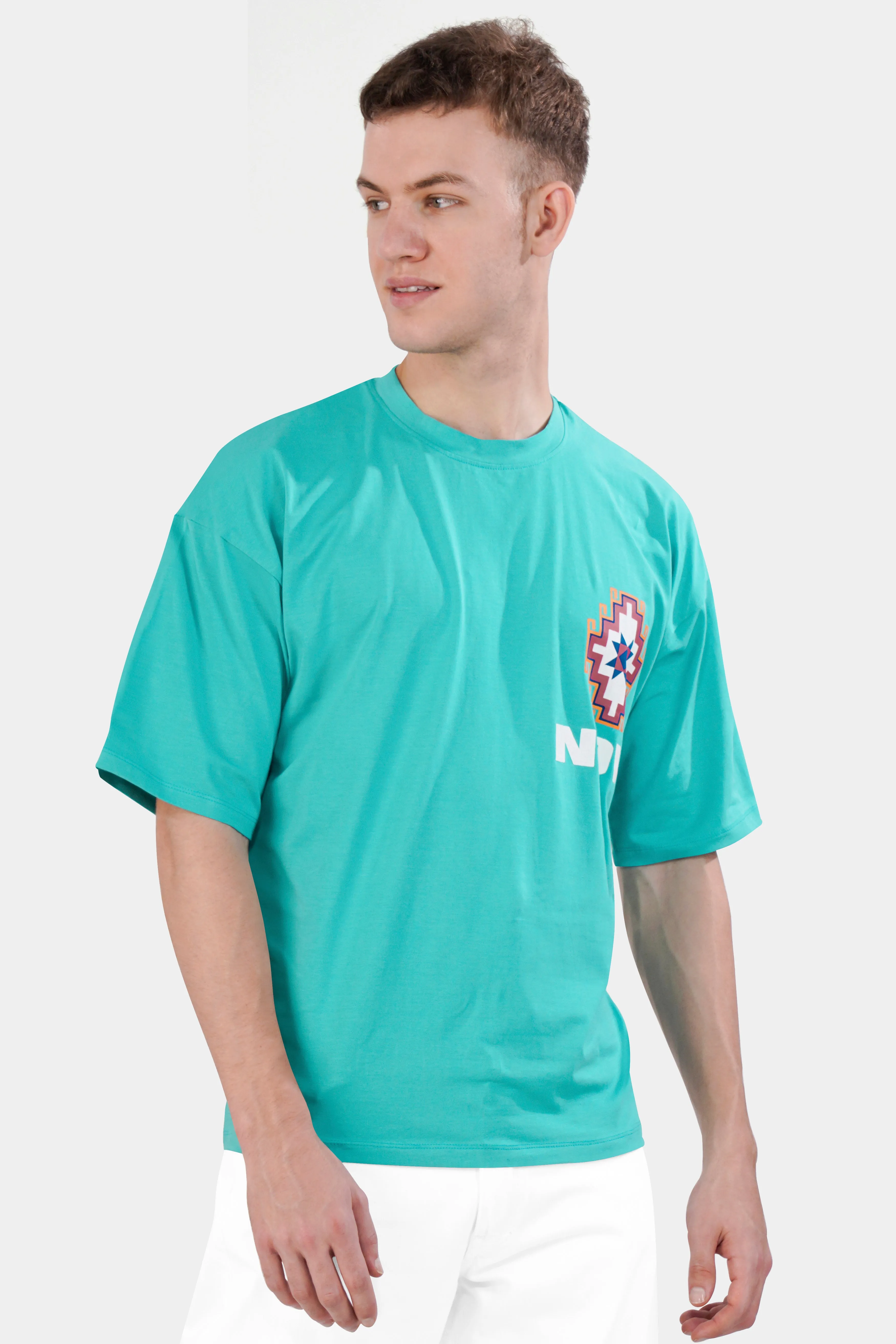 Aqua Blue Printed Premium Cotton Oversized T-shirt sold by French Crown product image thumbnail 4