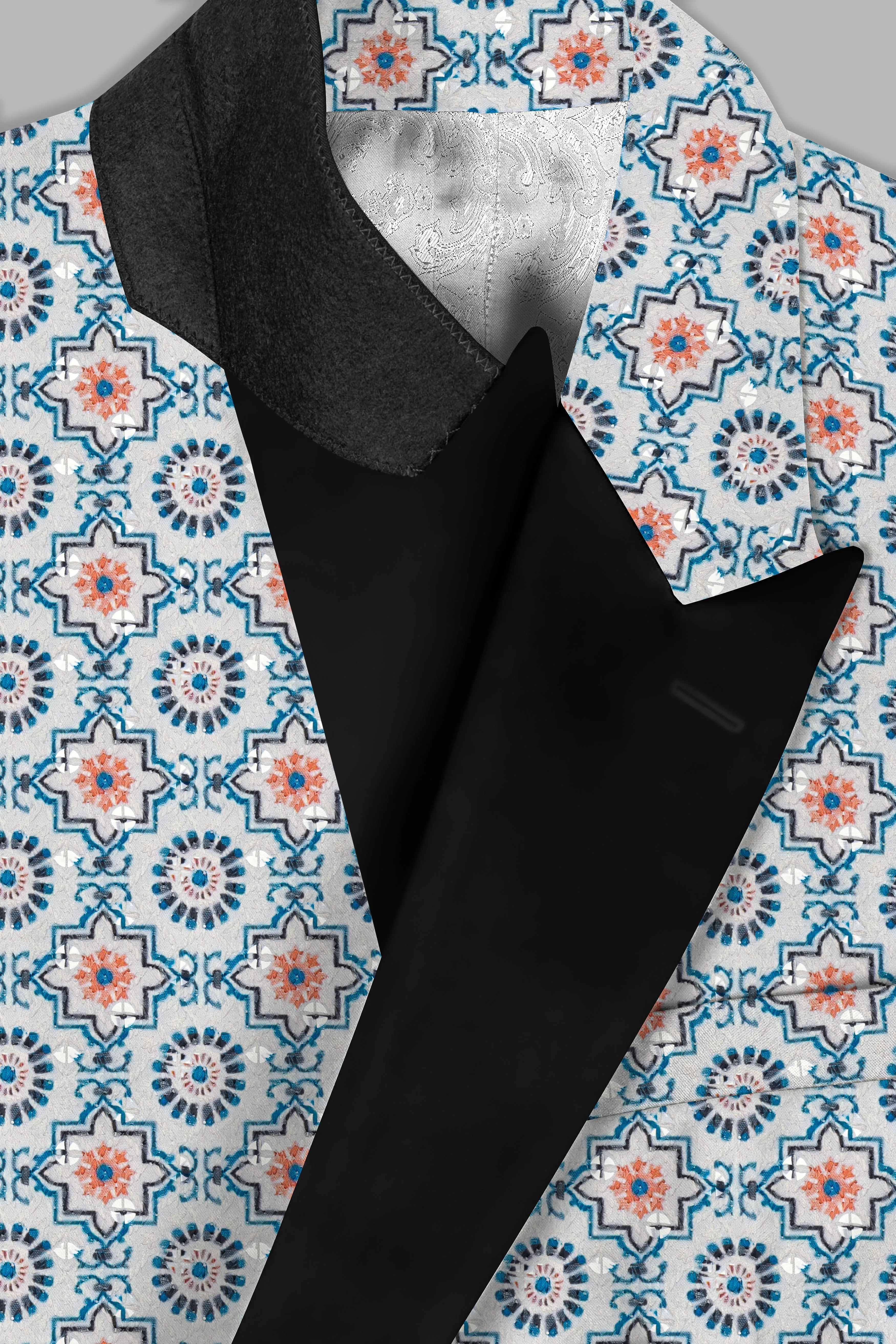 Persian Blue And Crusta Orange hexagon Thread Embroidered Peak Lapel Tuxedo Blazer sold by French Crown product image thumbnail 4