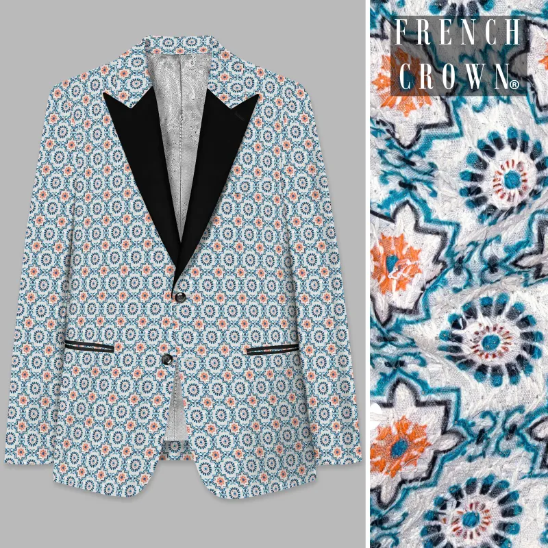 Persian Blue And Crusta Orange hexagon Thread Embroidered Peak Lapel Tuxedo Blazer made by French Crown