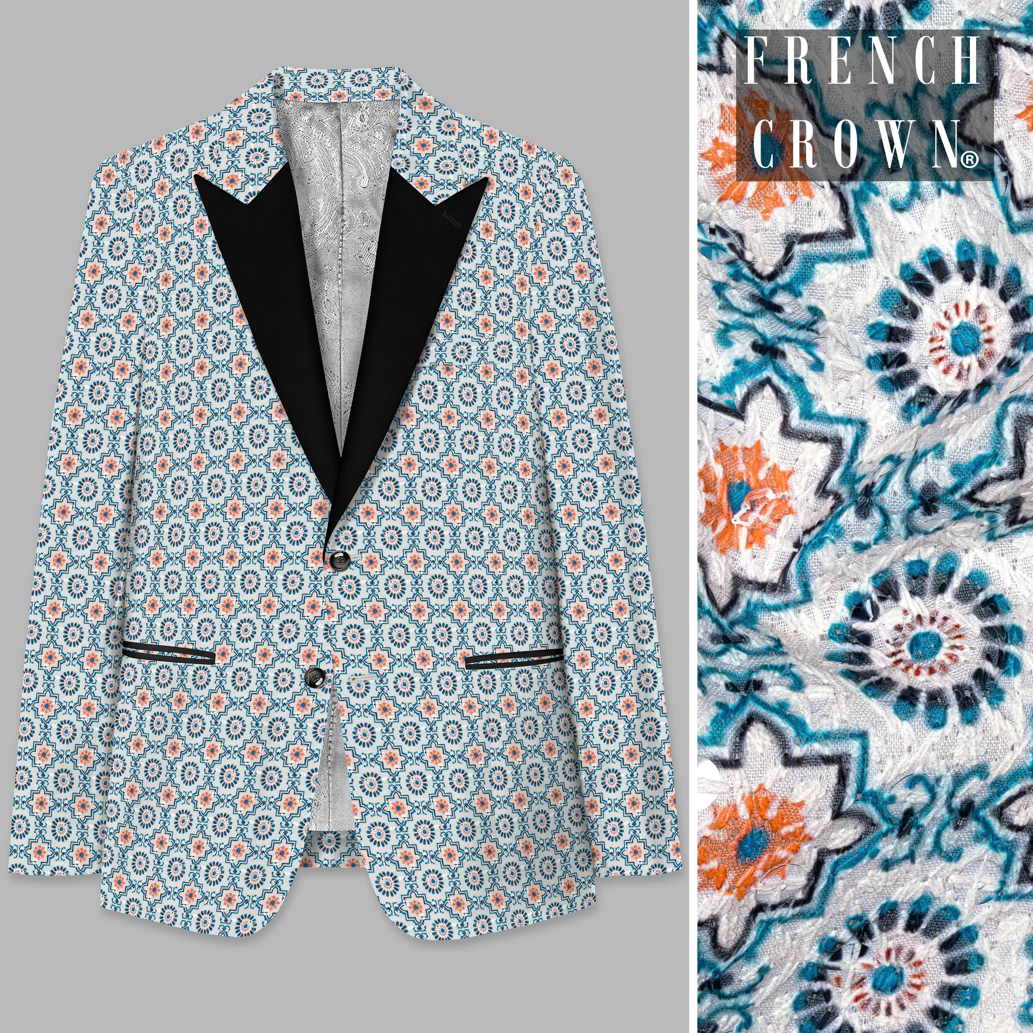 Persian Blue And Crusta Orange hexagon Thread Embroidered Peak Lapel Tuxedo Blazer sold by French Crown