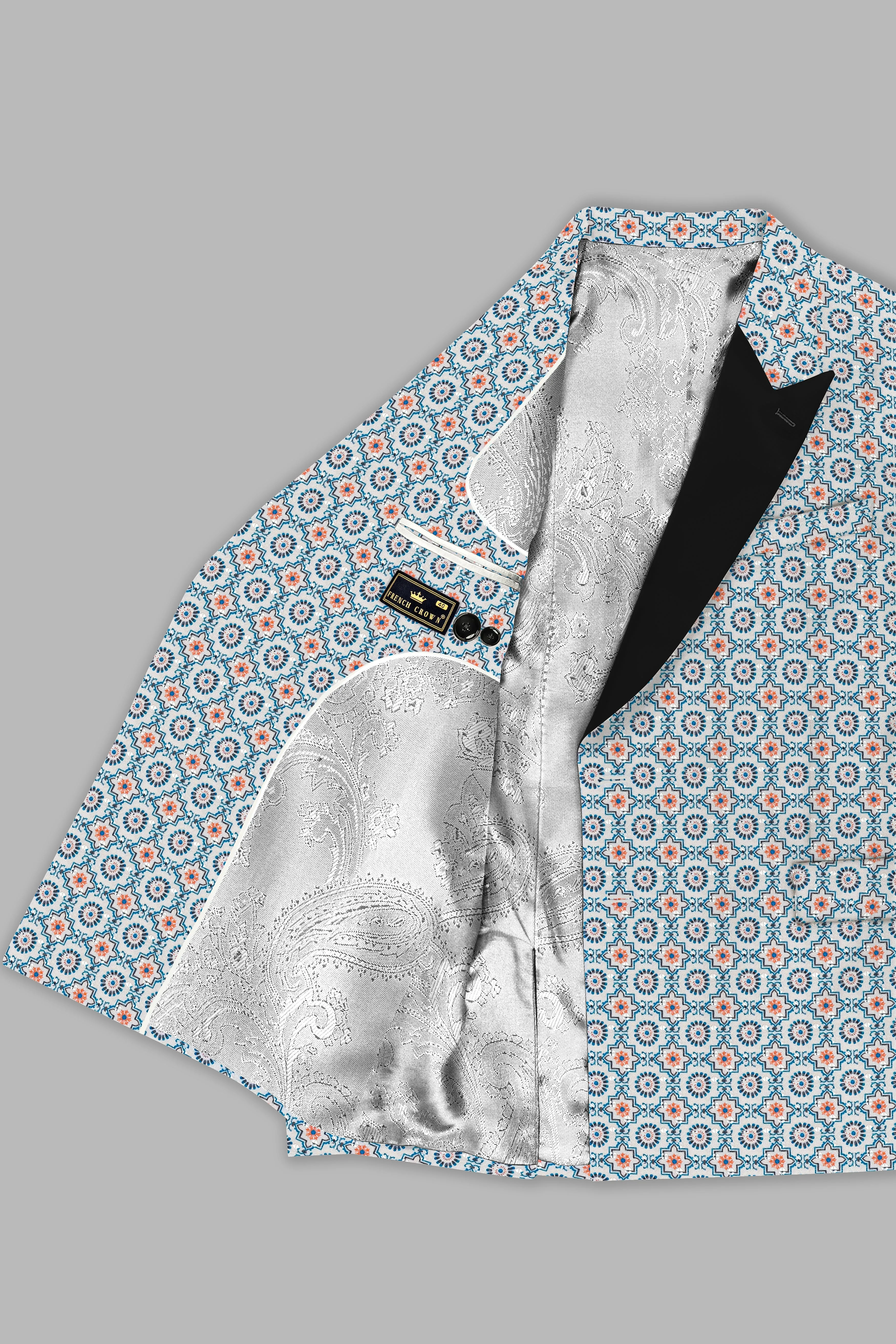 Persian Blue And Crusta Orange hexagon Thread Embroidered Peak Lapel Tuxedo Blazer sold by French Crown product image thumbnail 5
