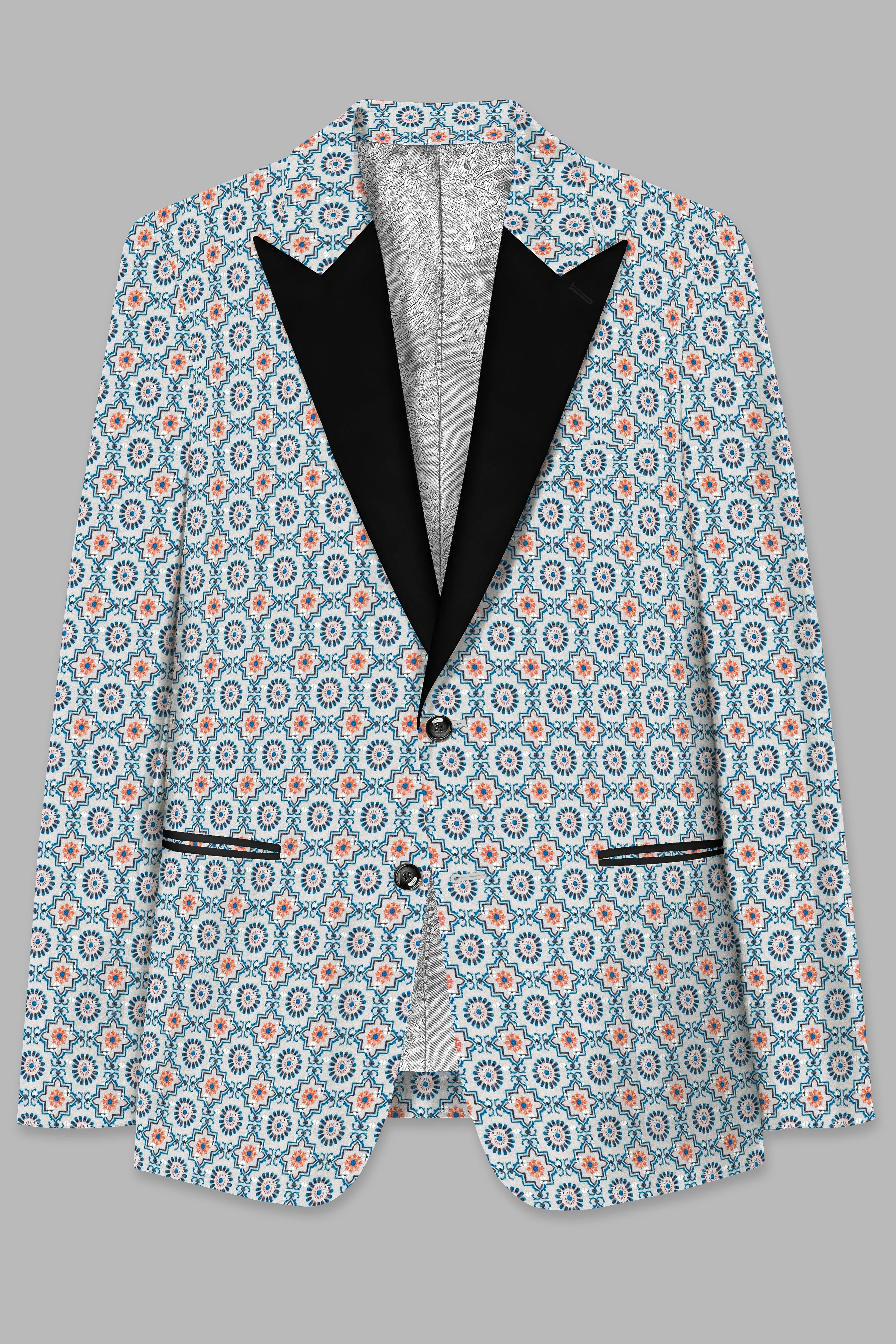 Persian Blue And Crusta Orange hexagon Thread Embroidered Peak Lapel Tuxedo Blazer sold by French Crown product image thumbnail 2