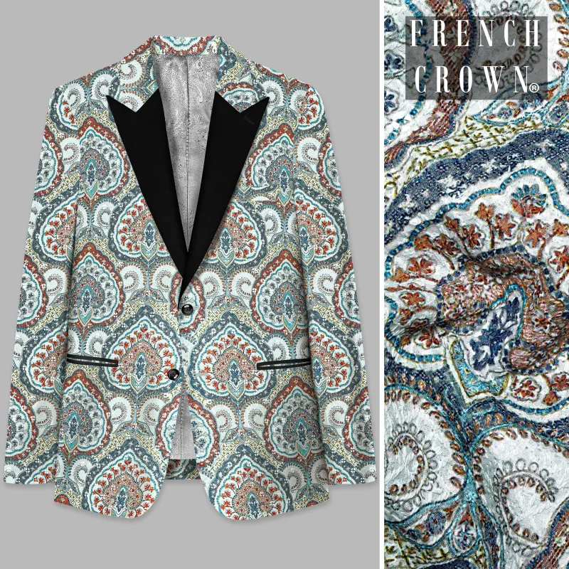 Shiraz Blue And Hippie Red MultiColour Embroidered Peak Lapel Tuxedo Blazer made by French Crown