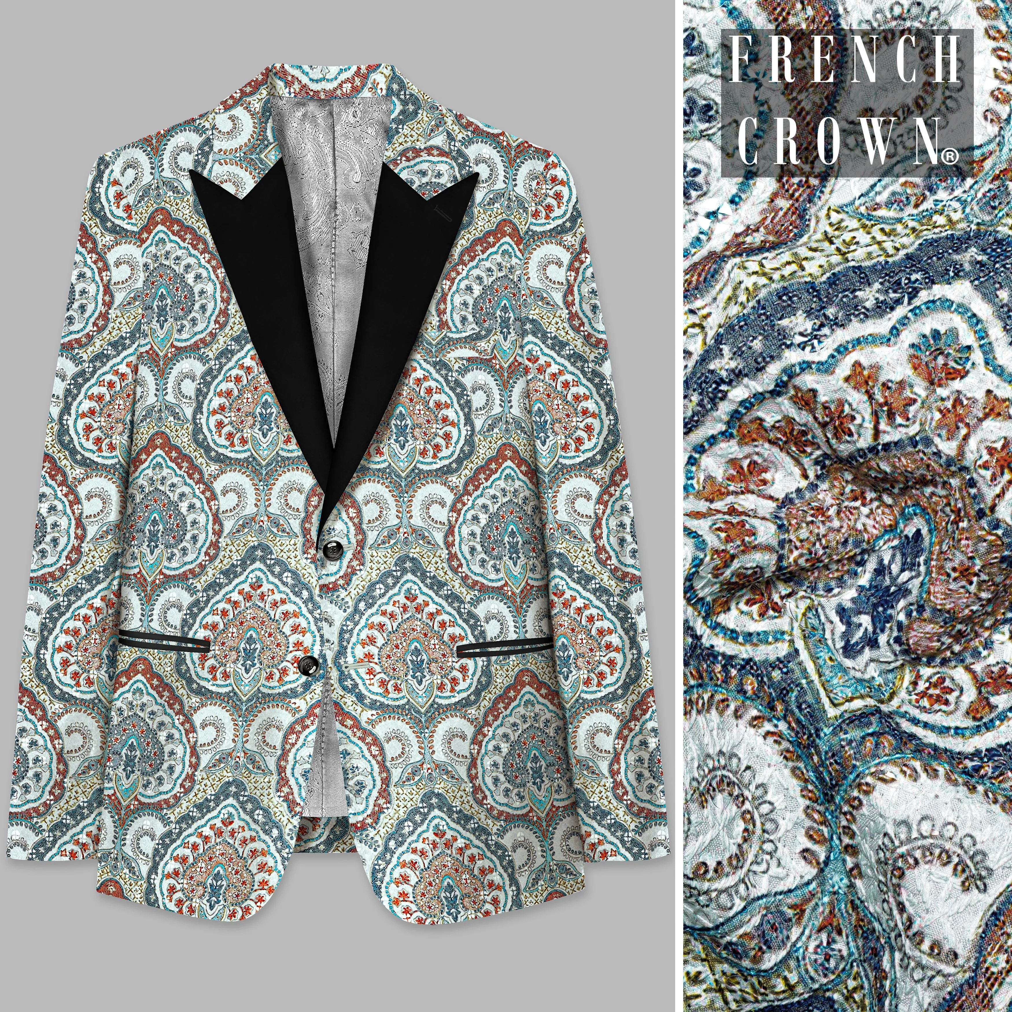 Shiraz Blue And Hippie Red MultiColour Embroidered Peak Lapel Tuxedo Blazer sold by French Crown