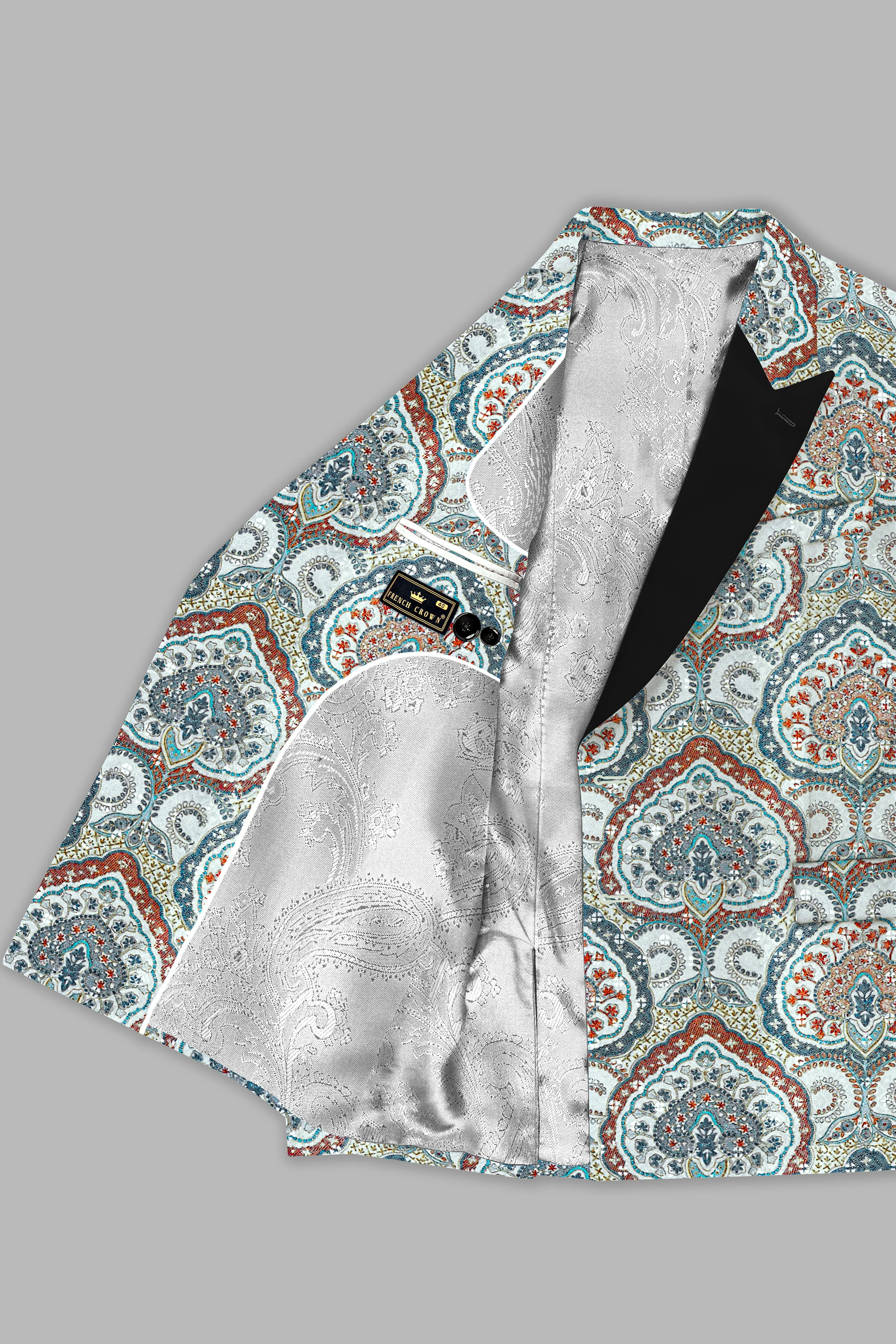 Shiraz Blue And Hippie Red MultiColour Embroidered Peak Lapel Tuxedo Blazer sold by French Crown product image thumbnail 5