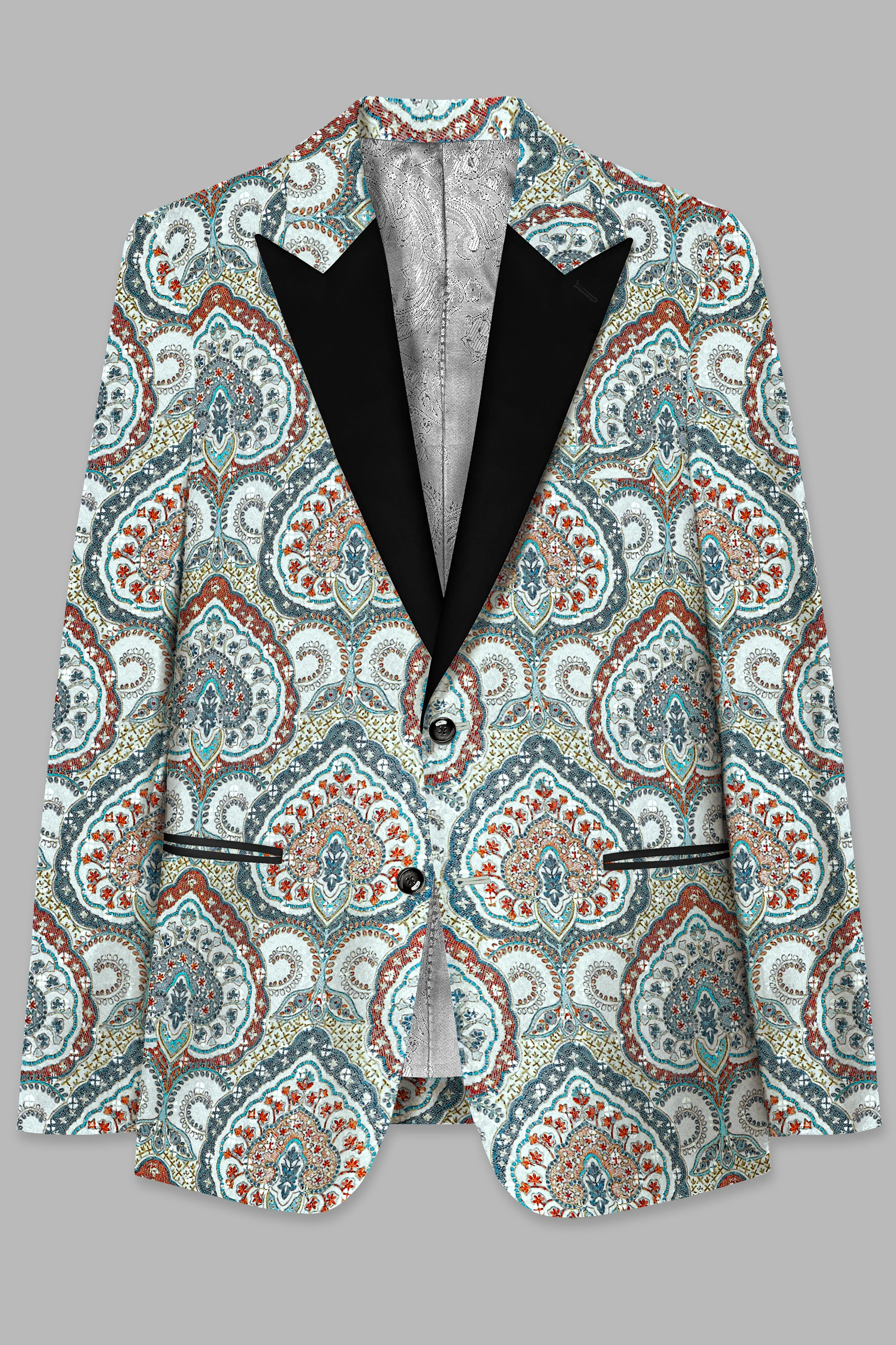 Shiraz Blue And Hippie Red MultiColour Embroidered Peak Lapel Tuxedo Blazer sold by French Crown product image thumbnail 2