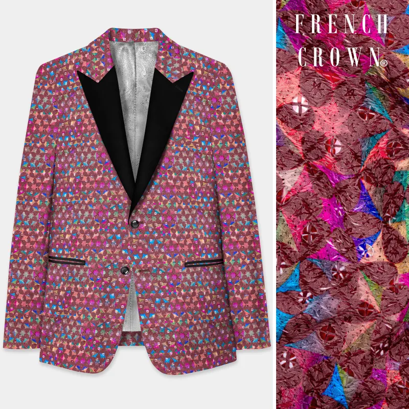 Cordovan Brown And Trendy Purple Multicolour Embroidered Peak Lapel Tuxedo Blazer made by French Crown