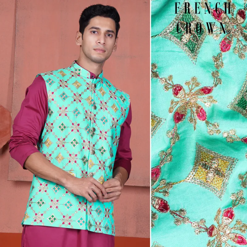 Cyan Blue and Charm Pink Geometric Cotton Thread Embroidered Designer Nehru Jacket sold by French Crown
