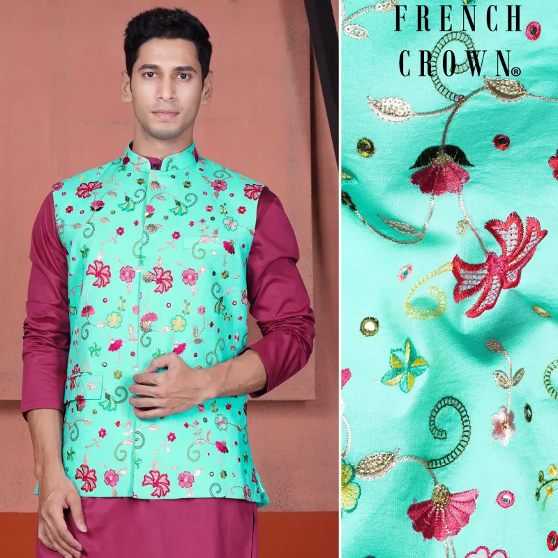 Cyan Blue and Charm Pink Floral Cotton Thread Embroidered Designer Nehru Jacket sold by French Crown