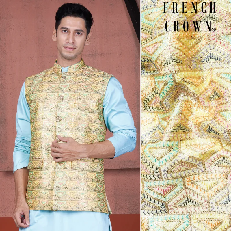 Tacha Brown and Charm Pink Geometric Cotton Thread Embroidered Designer Nehru Jacket sold by French Crown