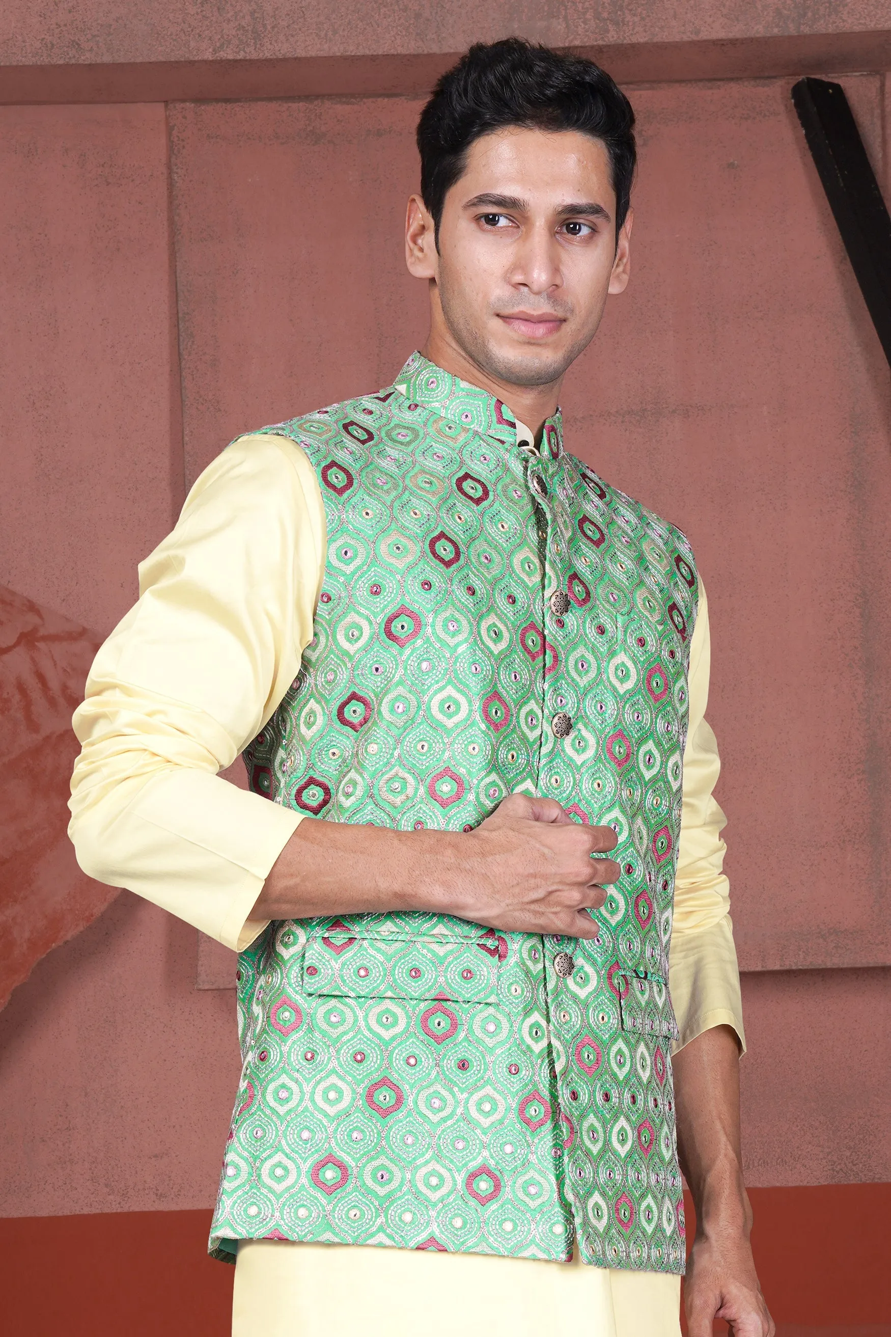 Bermuda Green and Charm Pink Ogee Cotton Thread Embroidered Designer Nehru Jacket sold by French Crown product image thumbnail 5