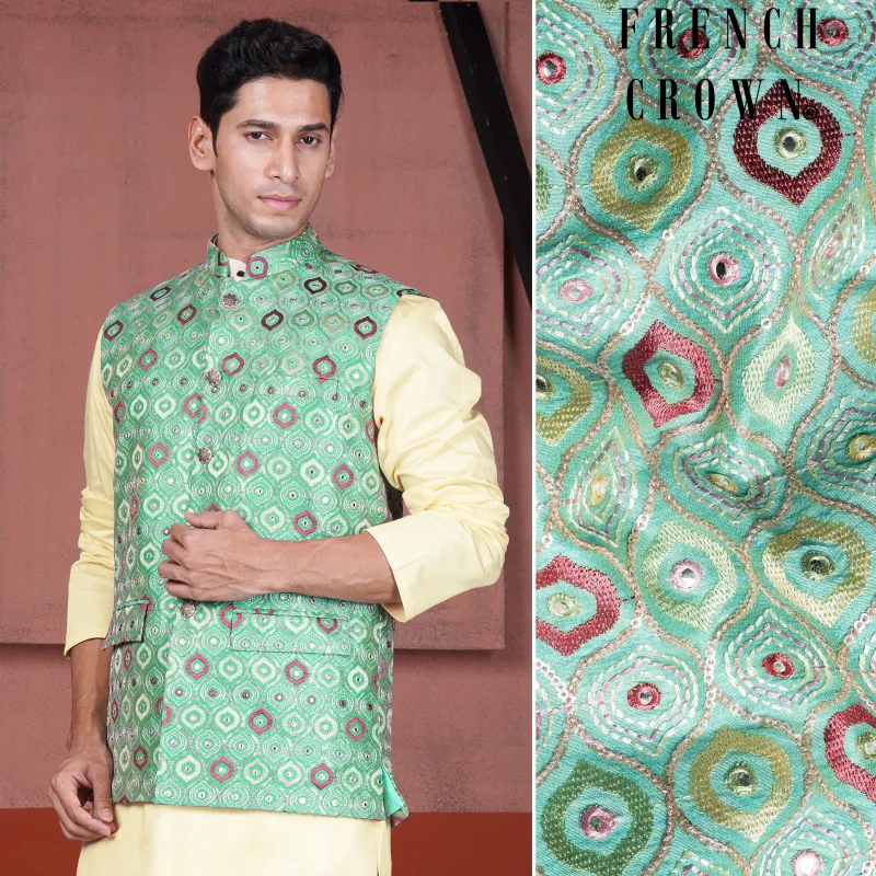 Bermuda Green and Charm Pink Ogee Cotton Thread Embroidered Designer Nehru Jacket sold by French Crown