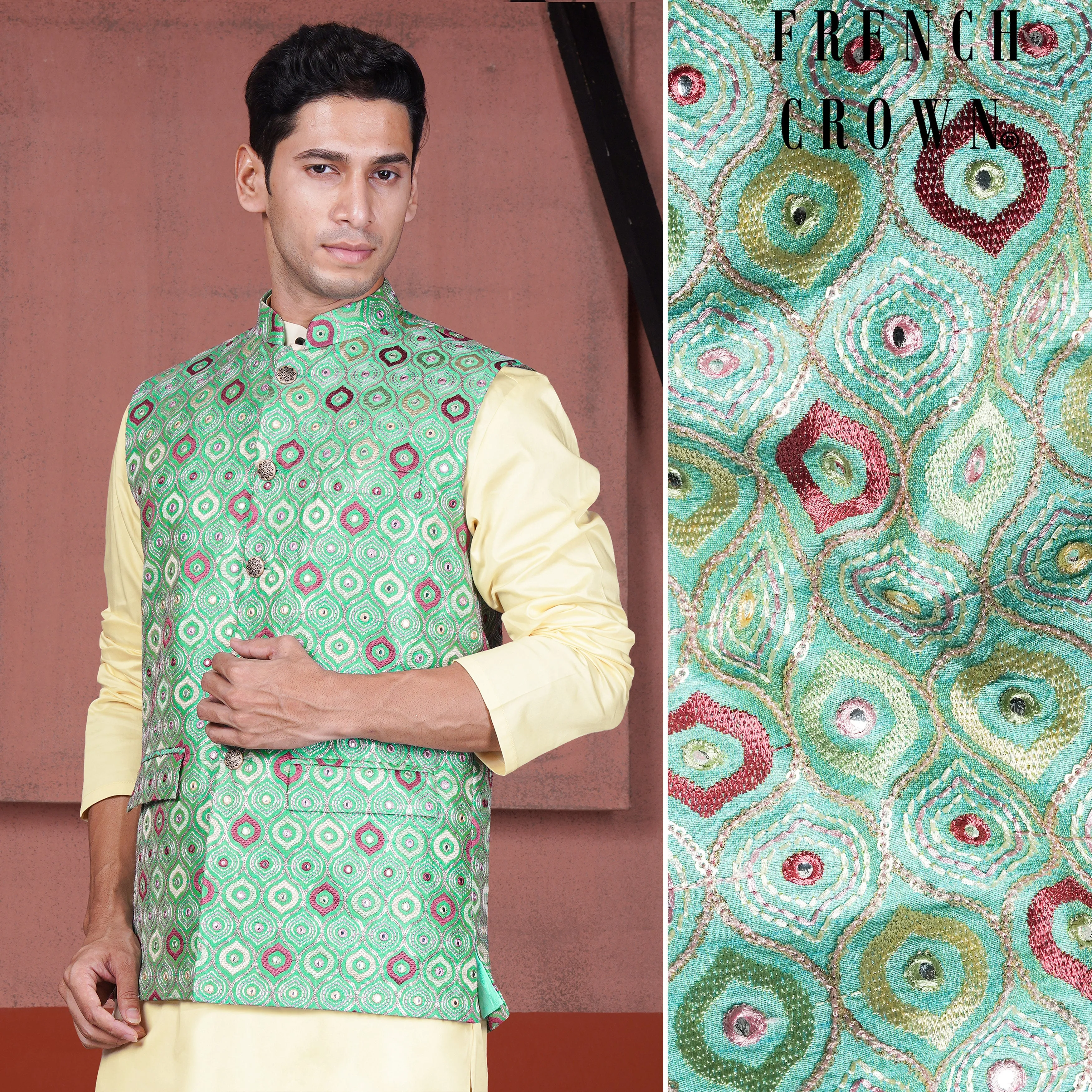 Bermuda Green and Charm Pink Ogee Cotton Thread Embroidered Designer Nehru Jacket sold by French Crown