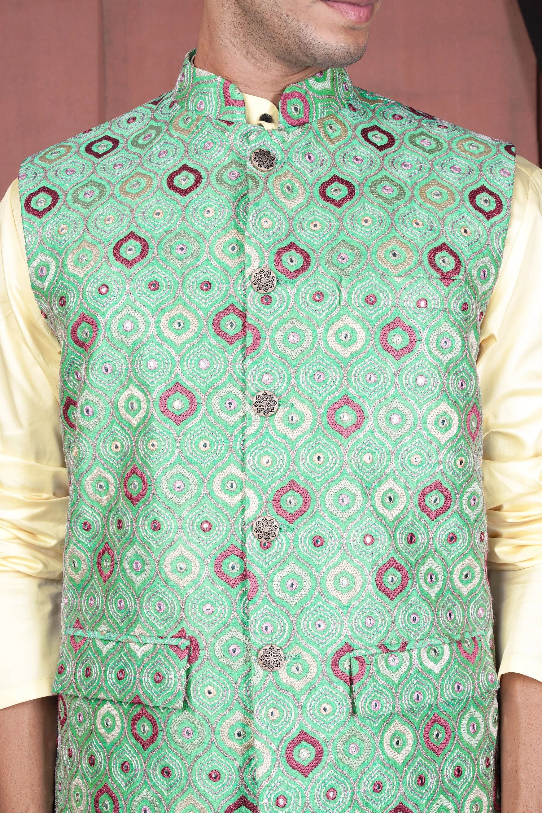 Bermuda Green and Charm Pink Ogee Cotton Thread Embroidered Designer Nehru Jacket sold by French Crown product image thumbnail 4