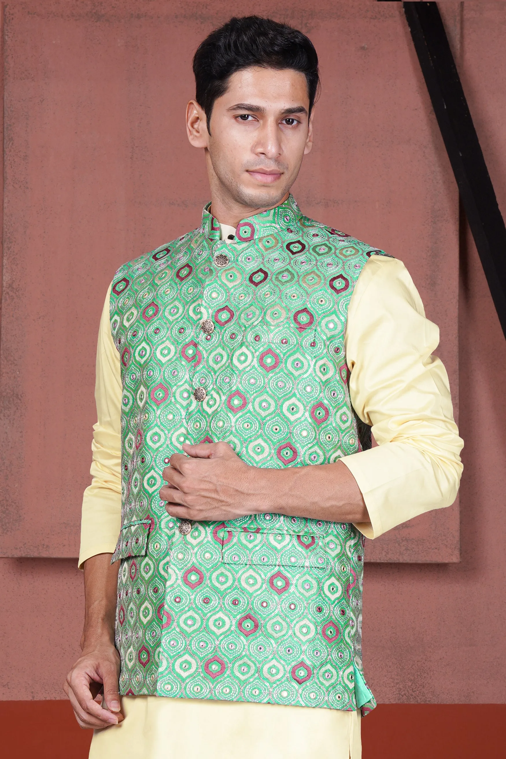 Bermuda Green and Charm Pink Ogee Cotton Thread Embroidered Designer Nehru Jacket sold by French Crown product image thumbnail 2