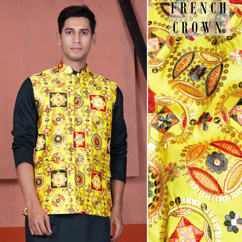 Custard Yellow Multicolour Cotton Thread Embroidered Designer Nehru Jacket sold by French Crown