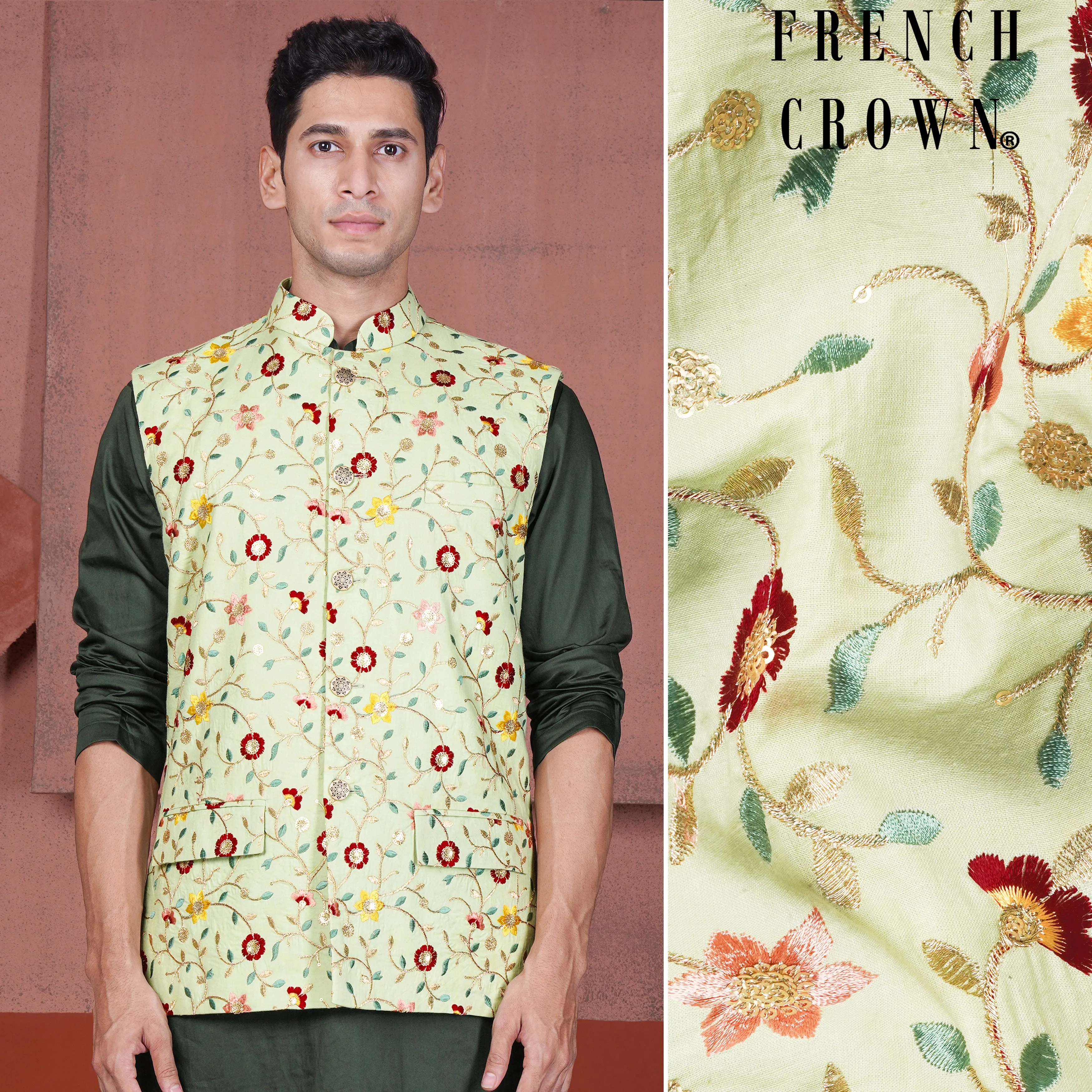 Hampton Green and Beryl Red Floral Multicolour Cotton Thread Embroidered Designer Nehru Jacket sold by French Crown