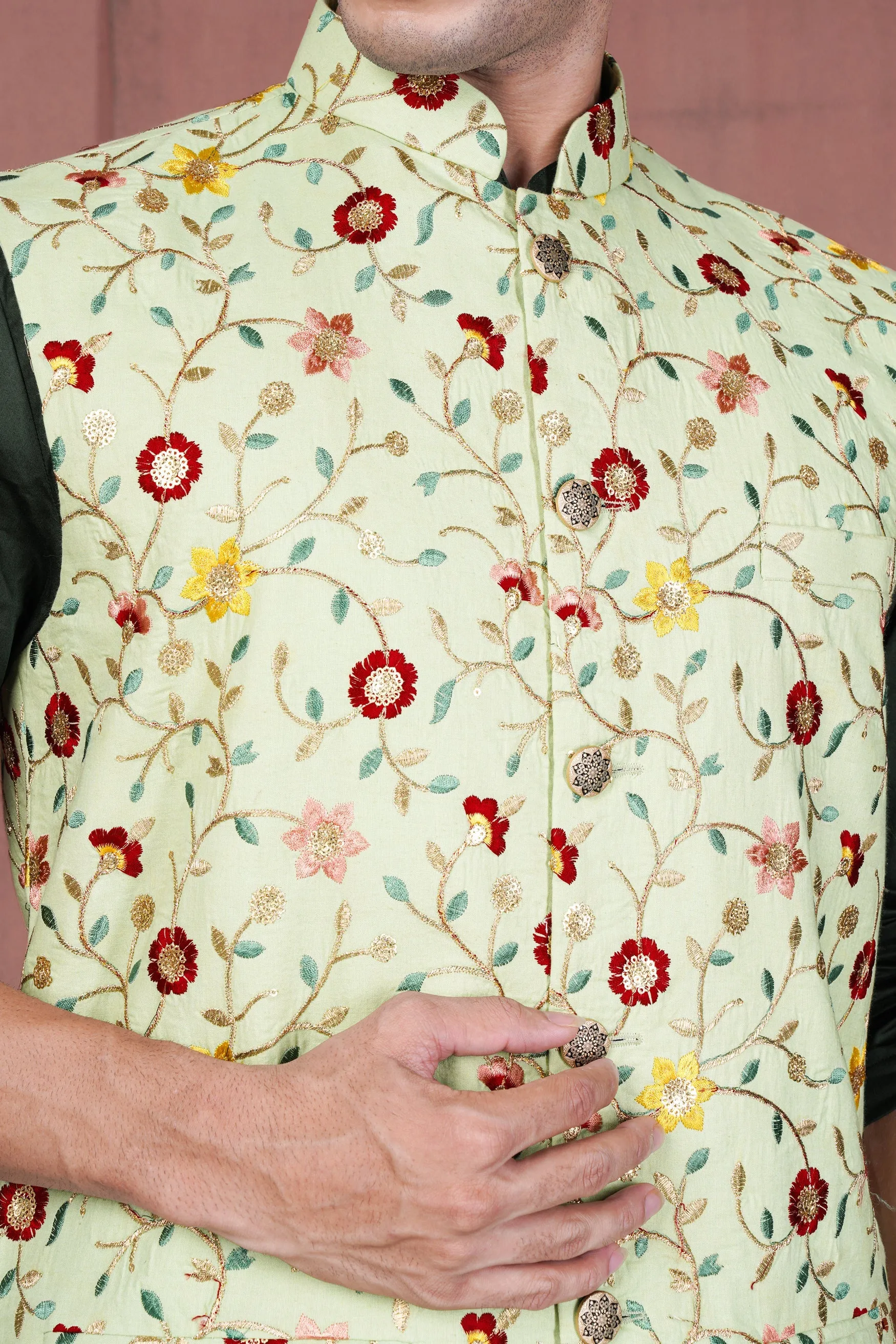 Hampton Green and Beryl Red Floral Multicolour Cotton Thread Embroidered Designer Nehru Jacket sold by French Crown product image thumbnail 4