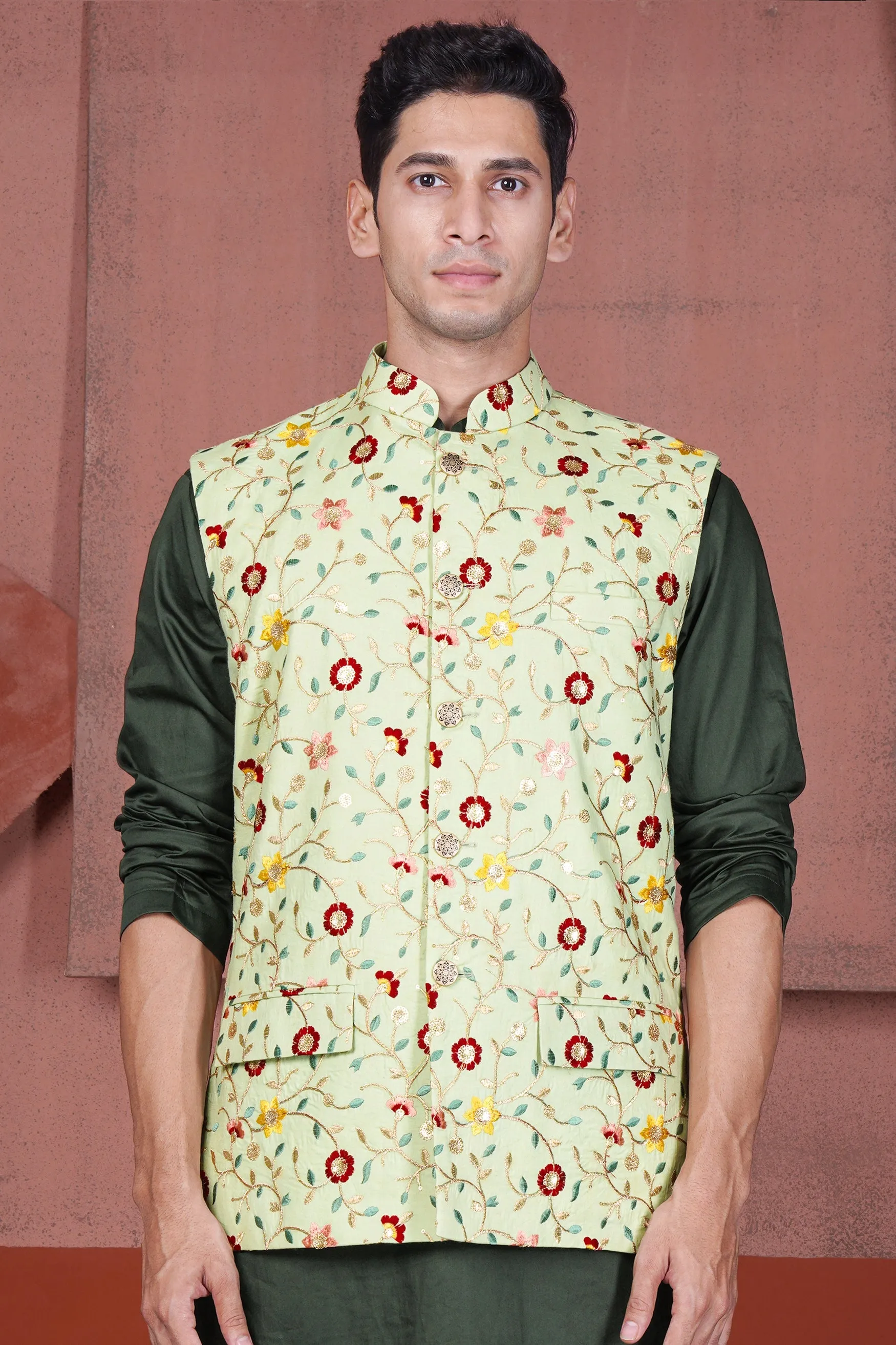 Hampton Green and Beryl Red Floral Multicolour Cotton Thread Embroidered Designer Nehru Jacket sold by French Crown product image thumbnail 2