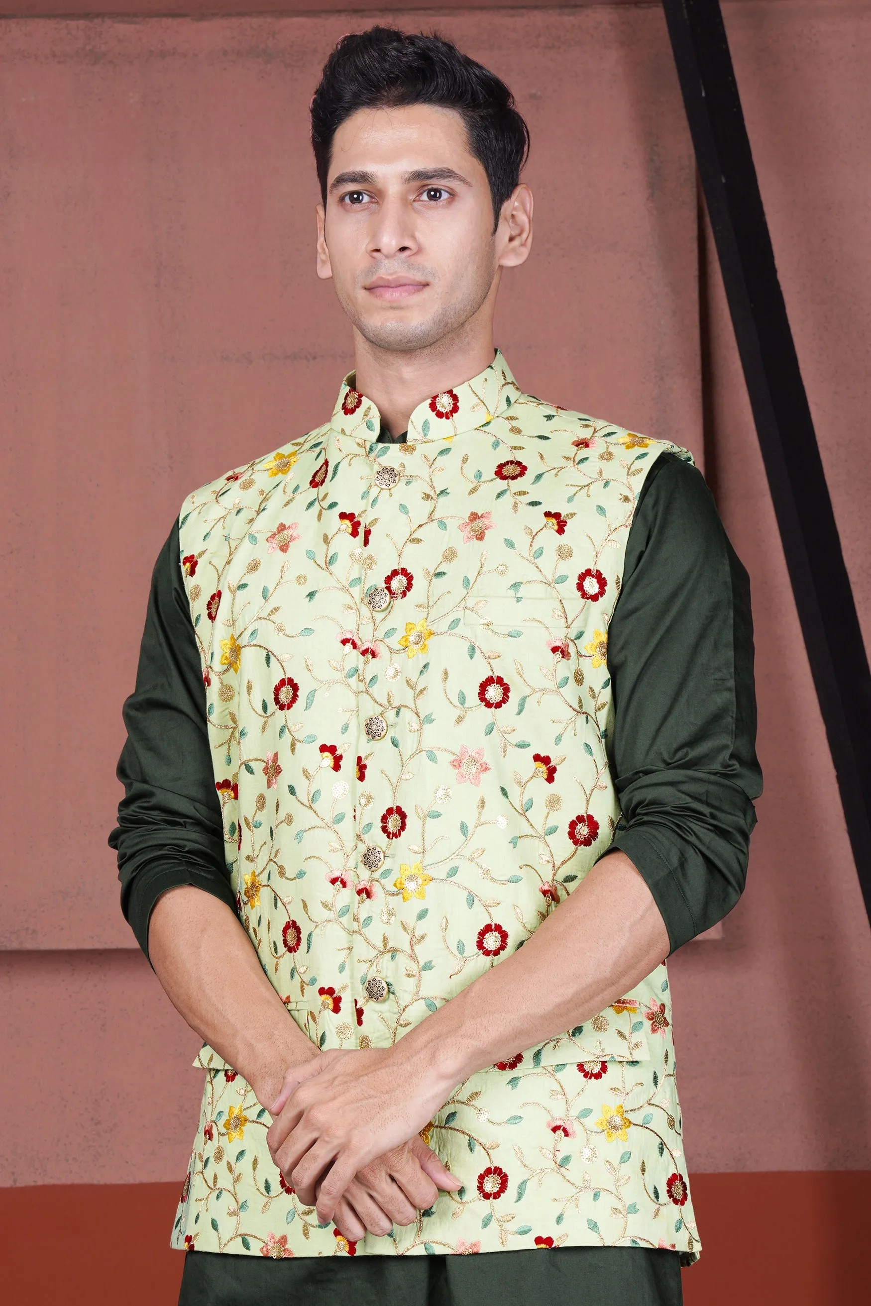 Hampton Green and Beryl Red Floral Multicolour Cotton Thread Embroidered Designer Nehru Jacket sold by French Crown product image thumbnail 5