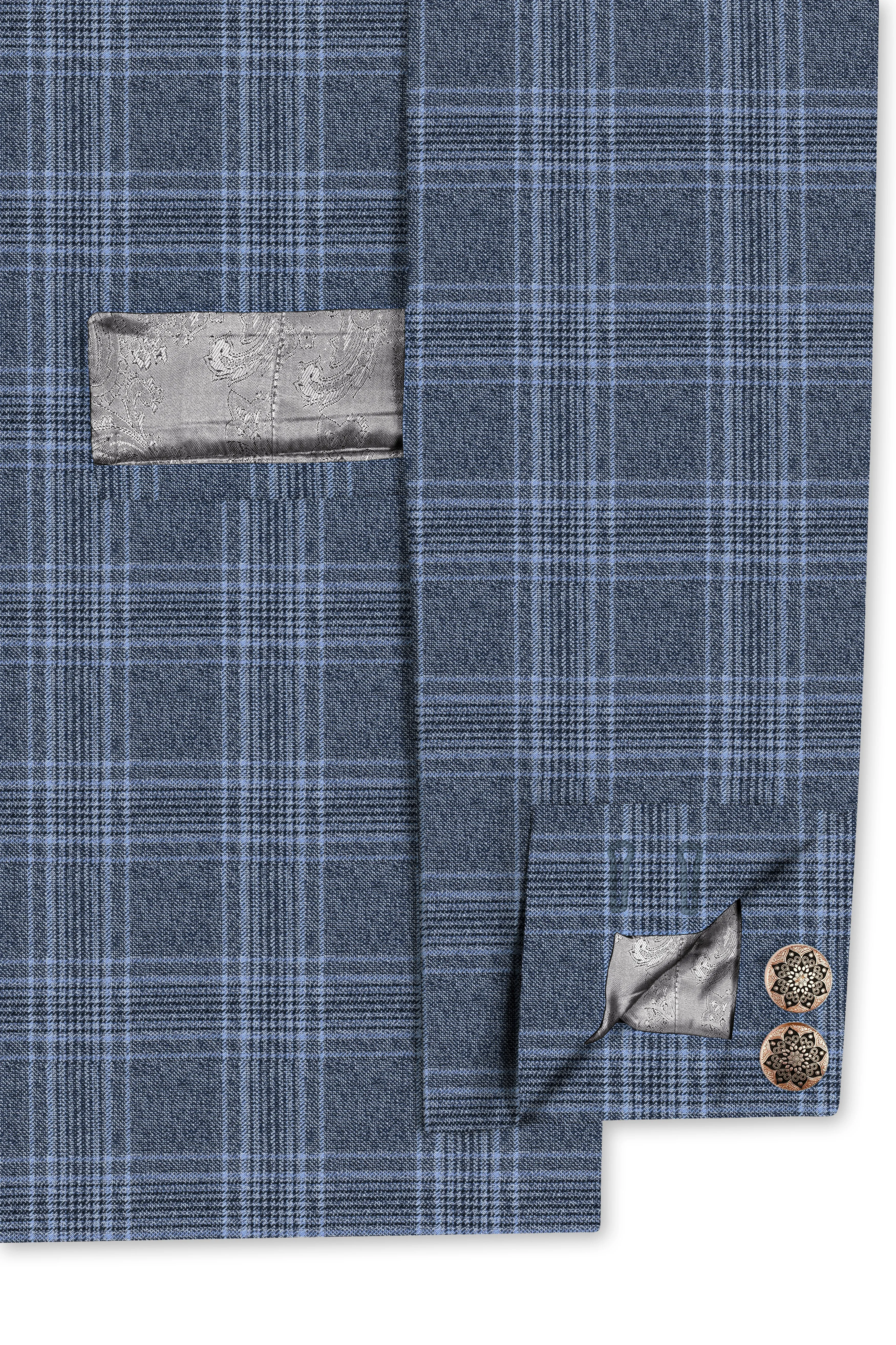 Dolphin And Casper Blue Checkered Cross Placket Bandhgala Wool Rich Suit sold by French Crown product image thumbnail 5