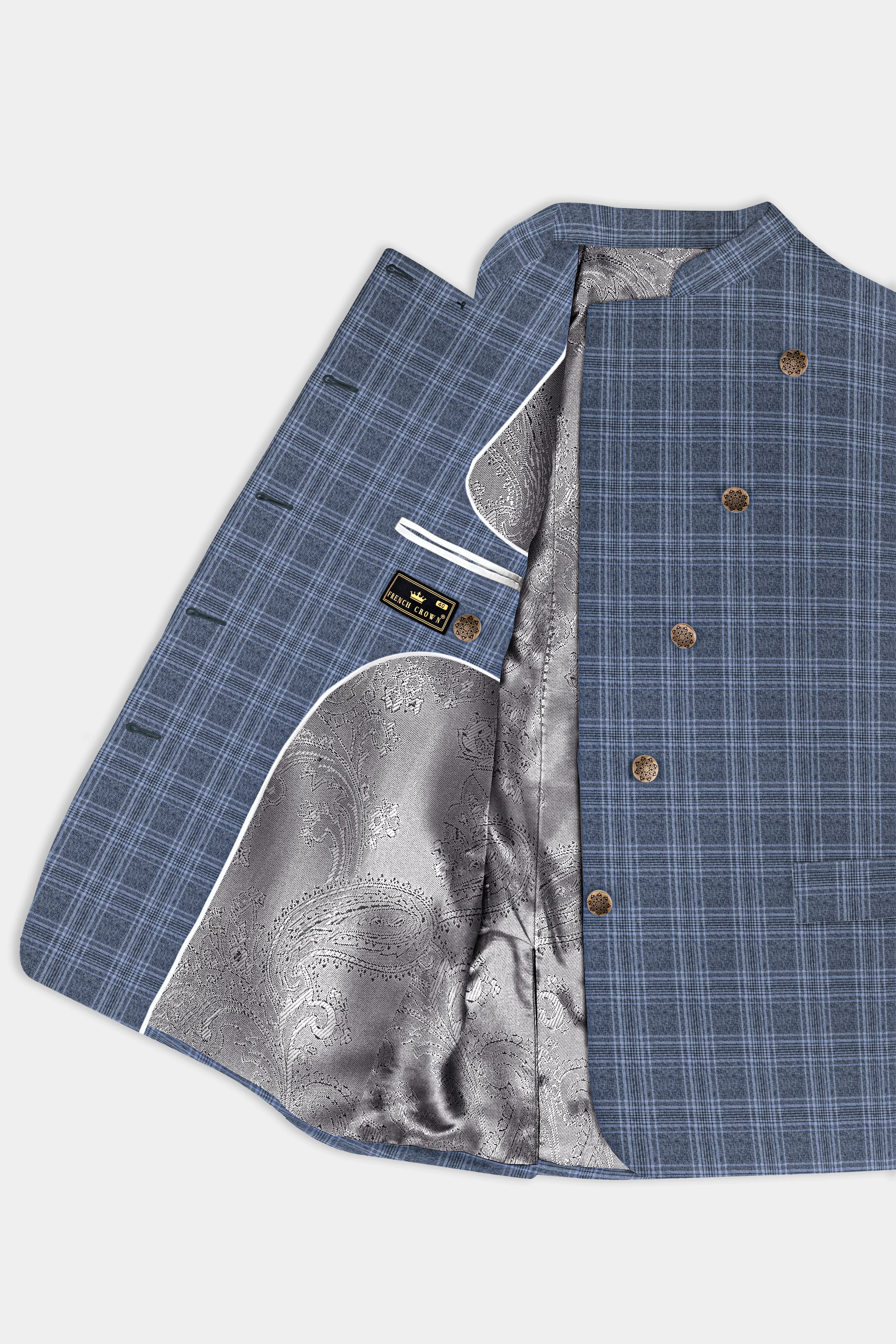 Dolphin And Casper Blue Checkered Cross Placket Bandhgala Wool Rich Suit sold by French Crown product image thumbnail 4